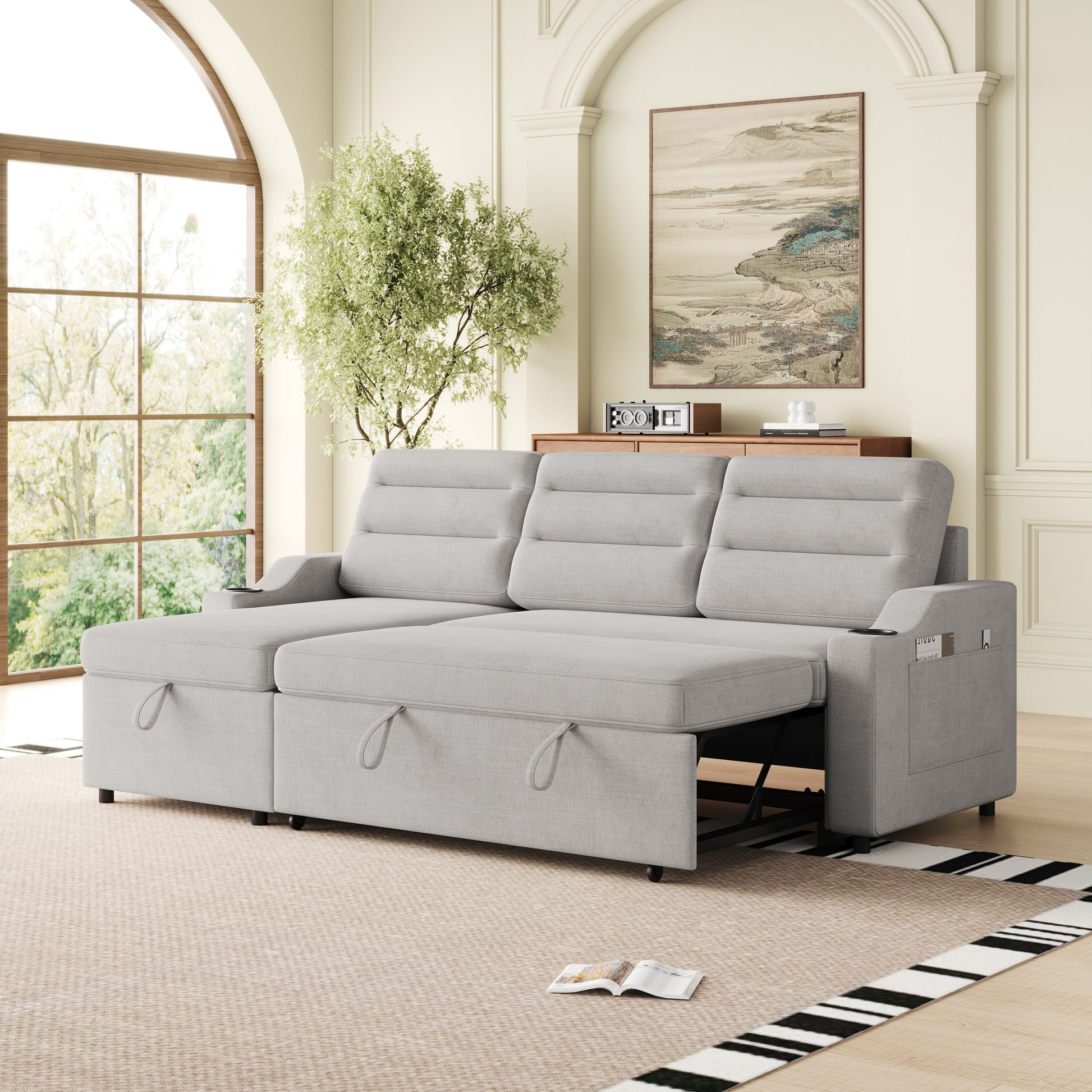 Mh83.5" Convertible Sleeper Combo Sofa, Convertible Sofa Bed Polyester Pullout Bed With Storage Recliner And Cup Holder For Living Room, Tight Spaces Light Grey Polyester Primary Living Space Pine Foam Fabric 3 Seat