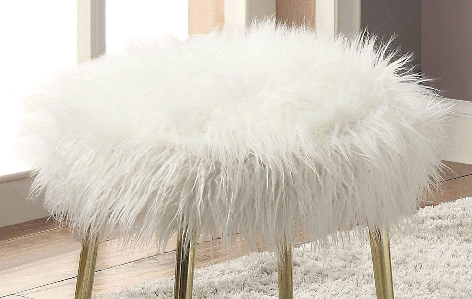 Contemporary Glam White Gold Fabric Faux Fur 1Pc Ottoman Upholstery Living Room Ottoman Seat White Gold Primary Living Space White Classic,Contemporary Square Solid Wood