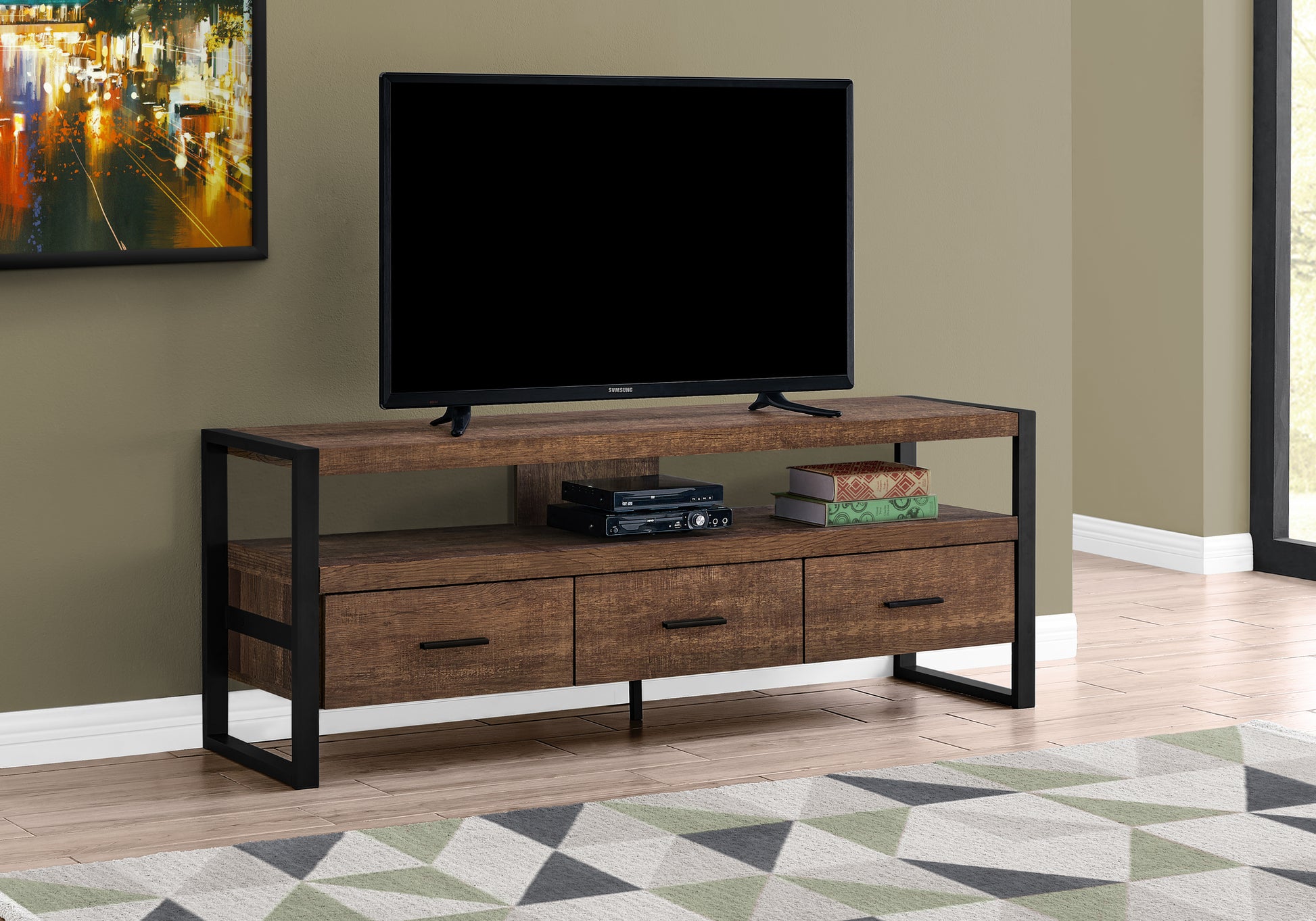 Tv Stand, 60 Inch, Console, Media Entertainment Center, Storage Drawers, Living Room, Bedroom, Brown Laminate, Black Metal, Contemporary, Modern Brown 80 89 Inches Particle Board