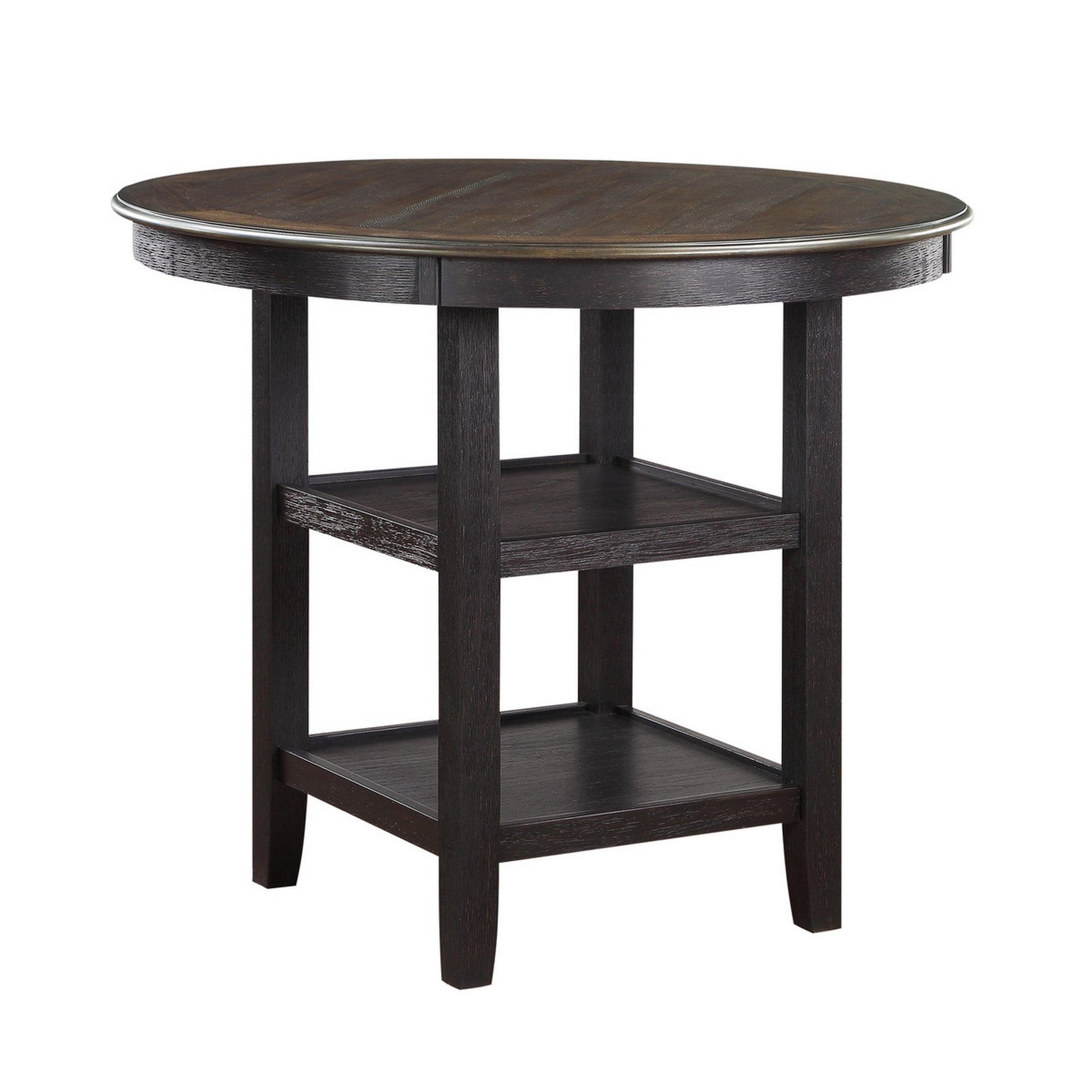 Anji 42 Inch Counter Table, Round Surface, 2 Open Shelves, Brown, Black Black Brown Wood