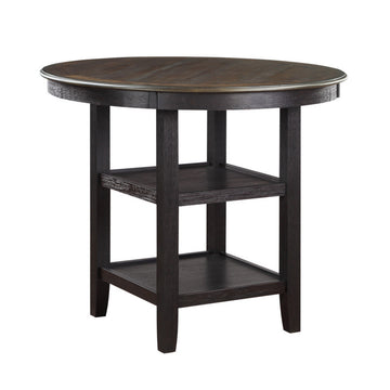 Anji 42 Inch Counter Table, Round Surface, 2 Open Shelves, Brown, Black Black Brown Wood