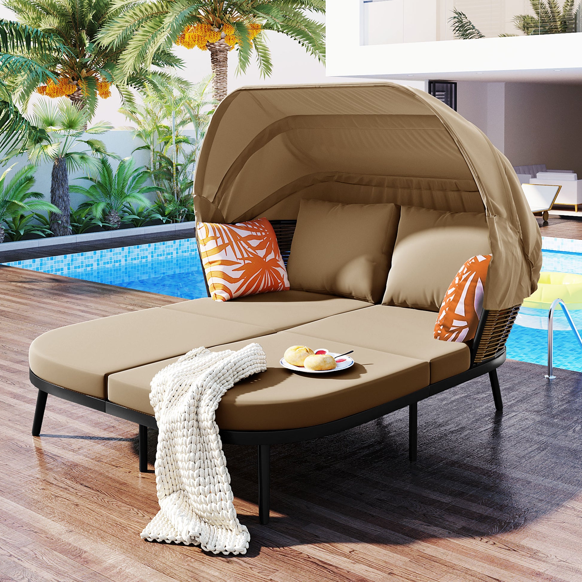 74.8" L Patio Daybed With Retractable Canopy, Outdoor Rattan Pe Wicker Back Loveseat Sofa Set With Throw Pillows And Cushions For Backyard, Poolside, Garden, Brown Yes Lounge Brown Weather Resistant Frame Water Resistant Cushion Garden & Outdoor Complete