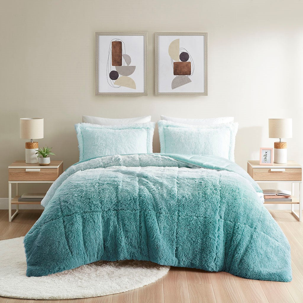 Ombre Shaggy Long Fur Comforter Mini Set Twin Aqua Polyester