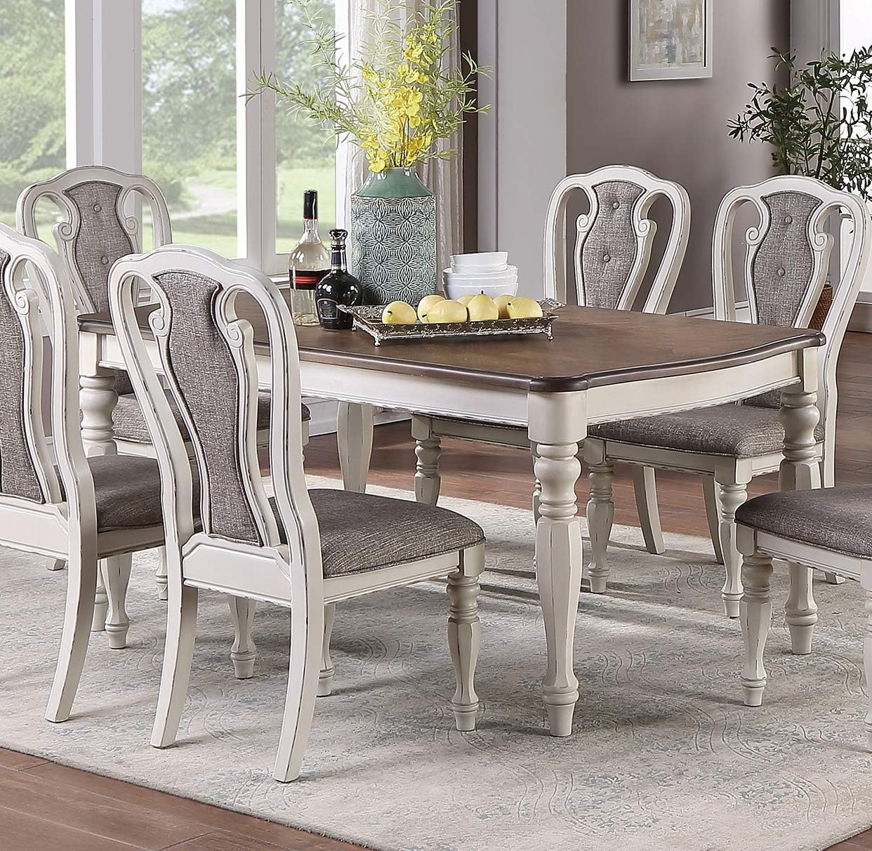 Transitional Style 7Pc Dining Set Dining Table W Oak Top 6Xside Chairs Cushion Seat Antique White Kitchen Dining Room Wood Wood Antique White,Gray,Oak Seats 6 Wood Dining Room Distressed Finish Contemporary,Modern,Transitional Rubberwood 4 Leg