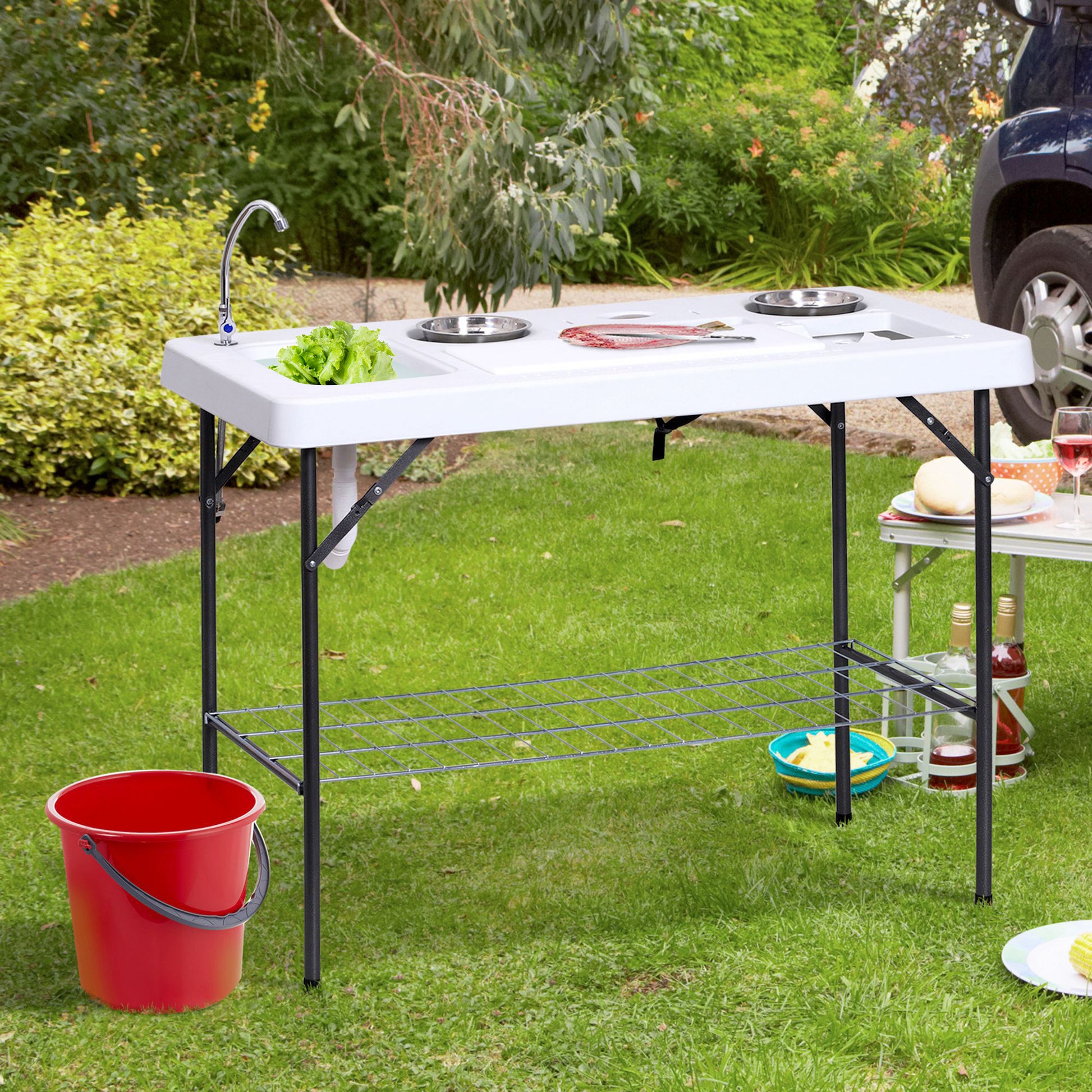 Outsunny Folding Fish Cleaning Table With Sink, Portable Camping Table With Faucet Drainage Hose, Grid Rack And Fish Cleaning Kit For Picnic, Fishing, 50" White Metal