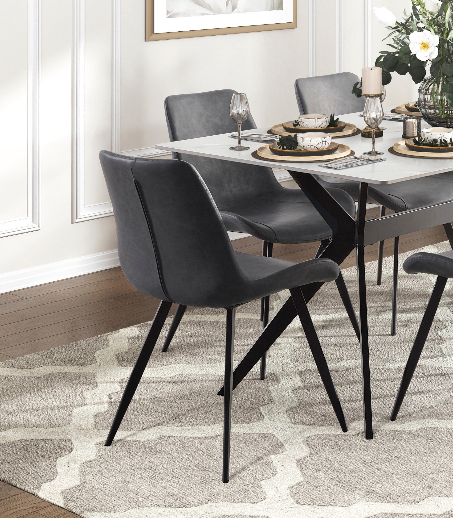 Modern Design Dining Chairs 2Pc Set Gray Faux Leather Upholstery Black Metal Legs Kitchen Dining Furniture Gray Dining Room Modern Side Chair Metal