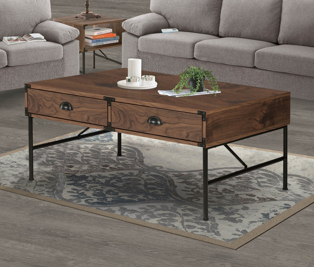 Coffee Table "Chic Walnut Coffee Table With Drawers And Sleek Metal Frame For Modern Living Spaces" Walnut Solid Wood