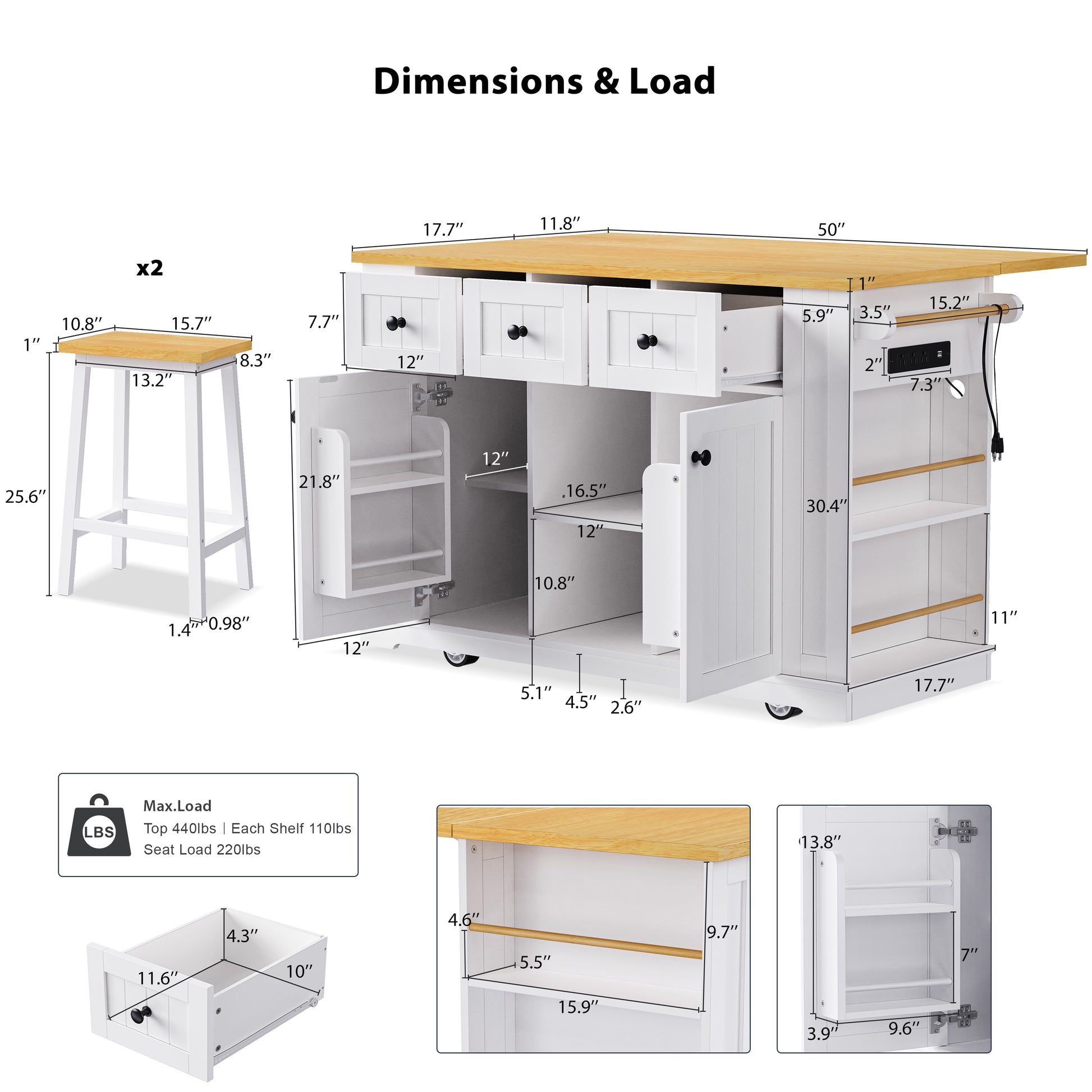 K&K 53Inch Large Kitchen Island With 2 Bar Stools, Power Outlet,Door Internal Storage Rack, Kitchen Storage Cart On 5 Wheels With Drop Leaf, 5 Open Side Racks, 3 Drawers, For Kitchen,Dining