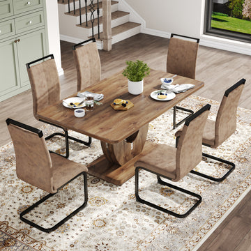 Table And Chair Set.Mdf Rectangular Dining Table, 6 Chairs With Technology Cloth High Back Upholstered Side Chair With C Shaped Metal Legs.Suitable For Restaurants, Living Rooms, Kitchen Brown Seats 6 Mdf Metal