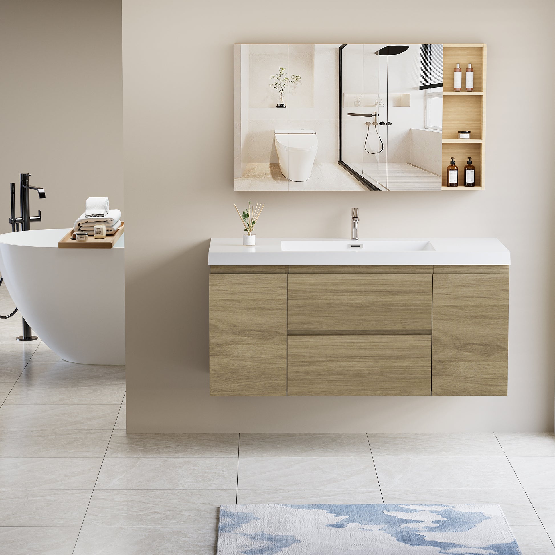 48" Floating Bathroom Vanity With Sink, Modern Wall Mounted Bathroom Storage Vanity Cabinet With Resin Top Basin And Soft Close Drawers, Natural Oak 24V11 48No 2 Oak 2 Bathroom Wall Mounted Melamine