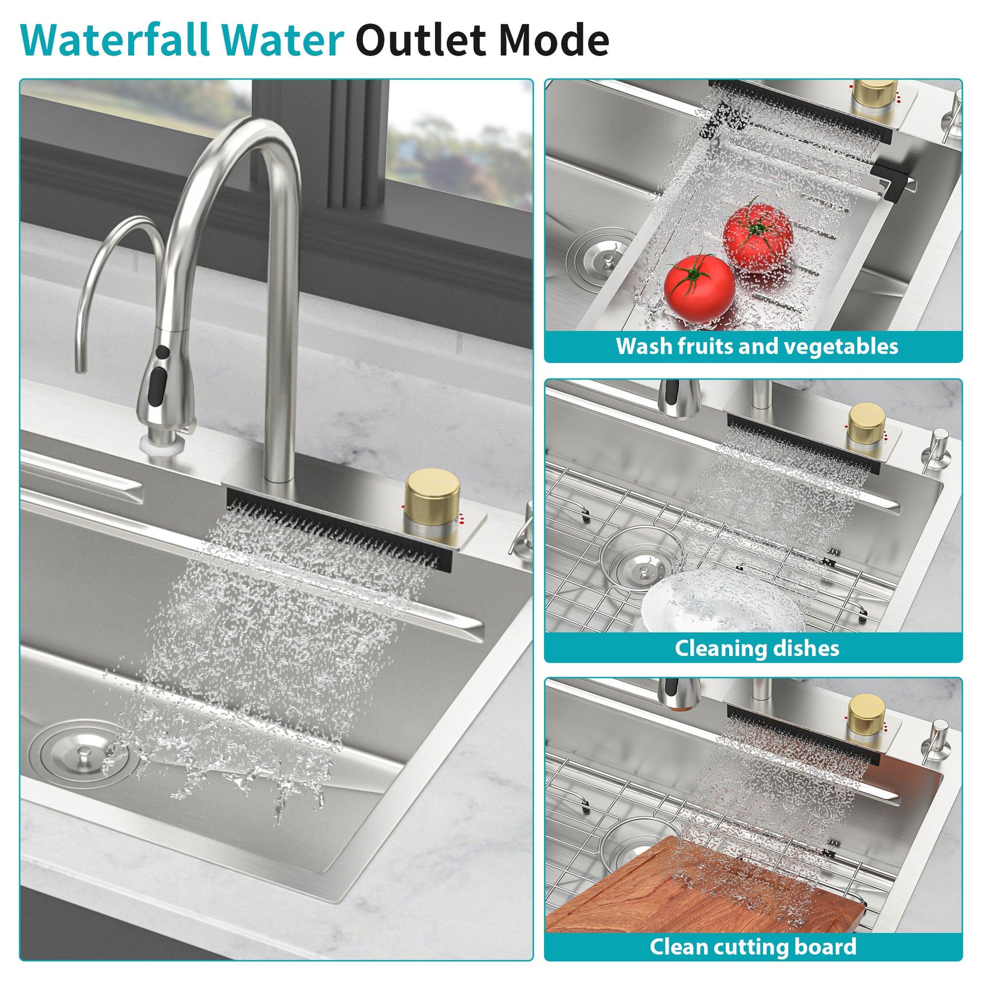 33" Drop In Waterfall Kitchen Sink 33*22 Inch Single Bowl 16 Gauge Stainless Steel Ledge Workstation Kitchen Sinks With Pull Out Faucet & Cup Washer Brushed Nickel Stainless Steel