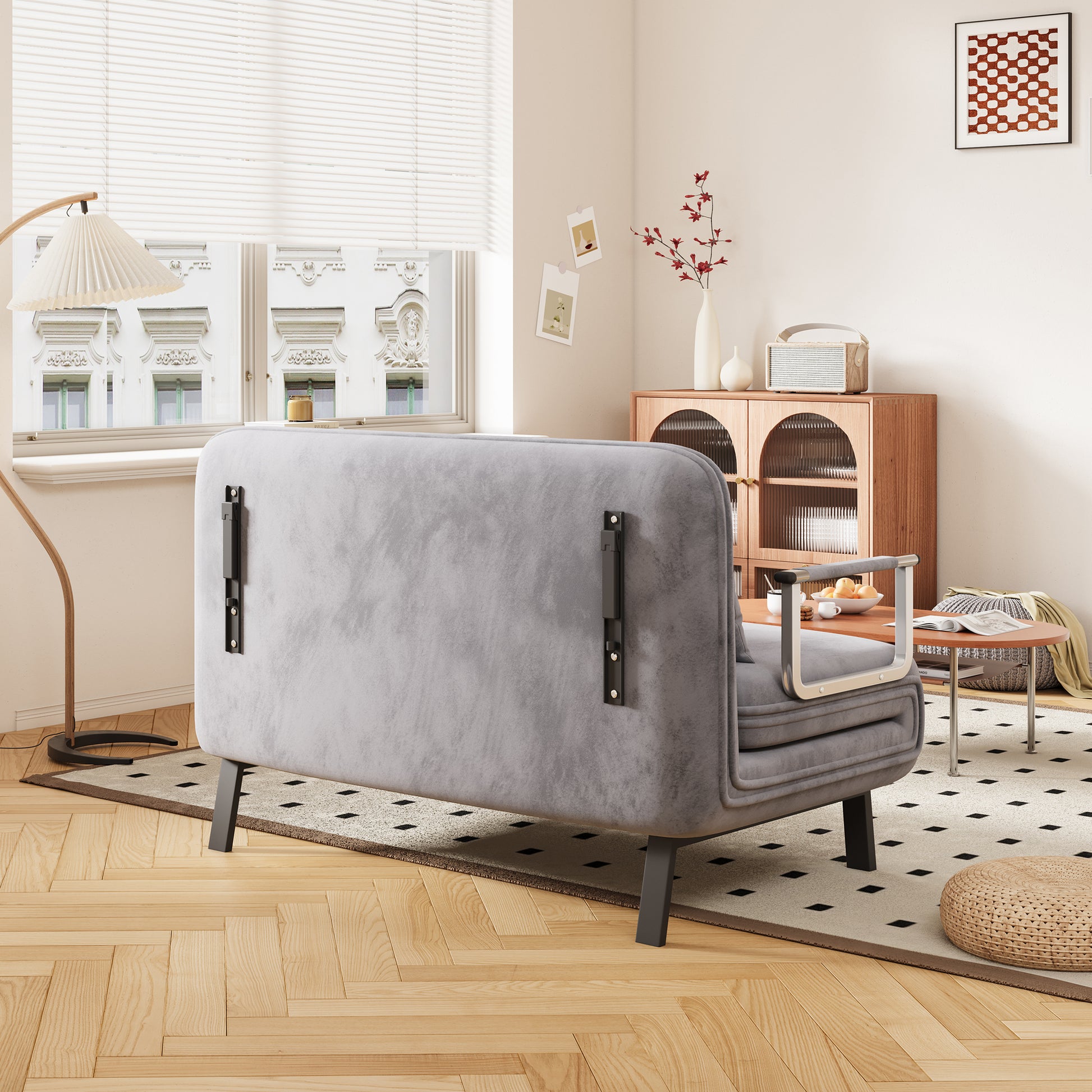 39 Convertible Chair Bed, Tri Fold Sofa Bed With Adjustable Backrest & Pillow, Leisure Chaise Lounge Couch With Sturdy Steel Frame For Home & Office, Comfortable Sleeper Chair Light Grey Dutch Velvet Light Grey Velvet Contemporary Polyurethane Foam Metal