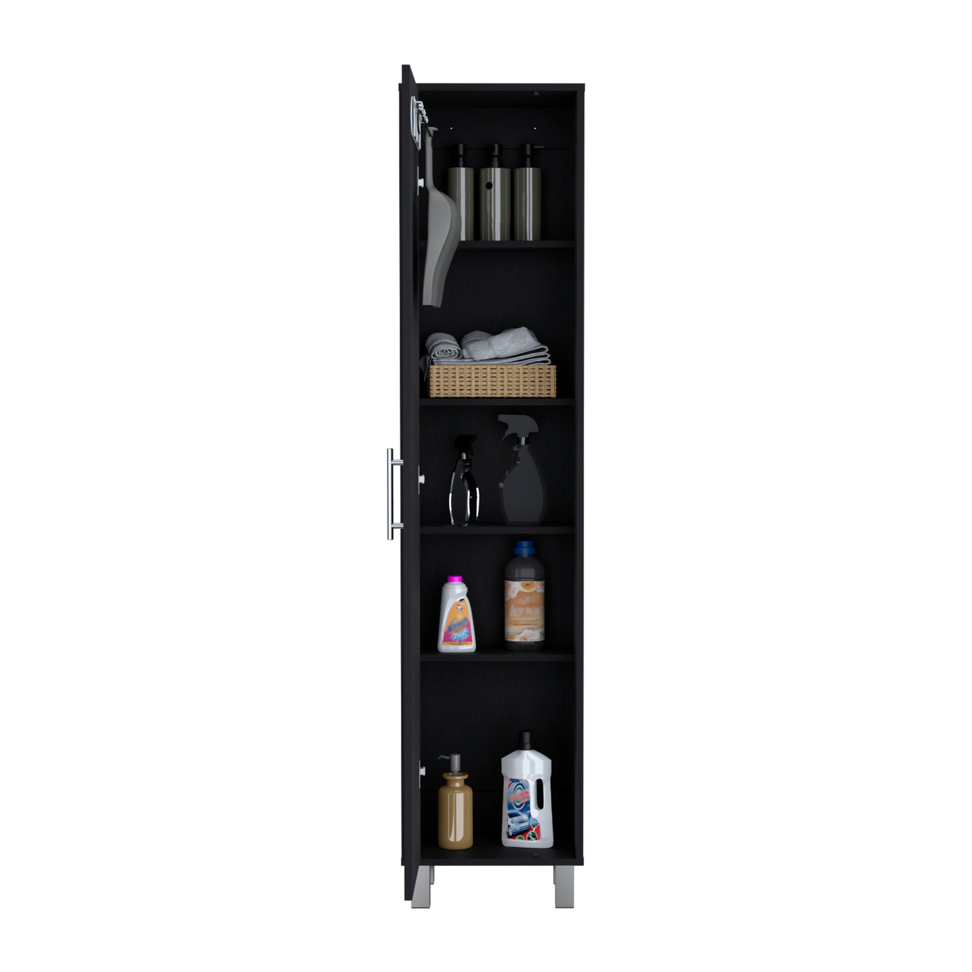 Laska 70" Tall Storage Cabinet Broom Closet With Broom Hangers,And Four Shelves Freestanding Black Kitchen Shelves Included Modern Particle Board