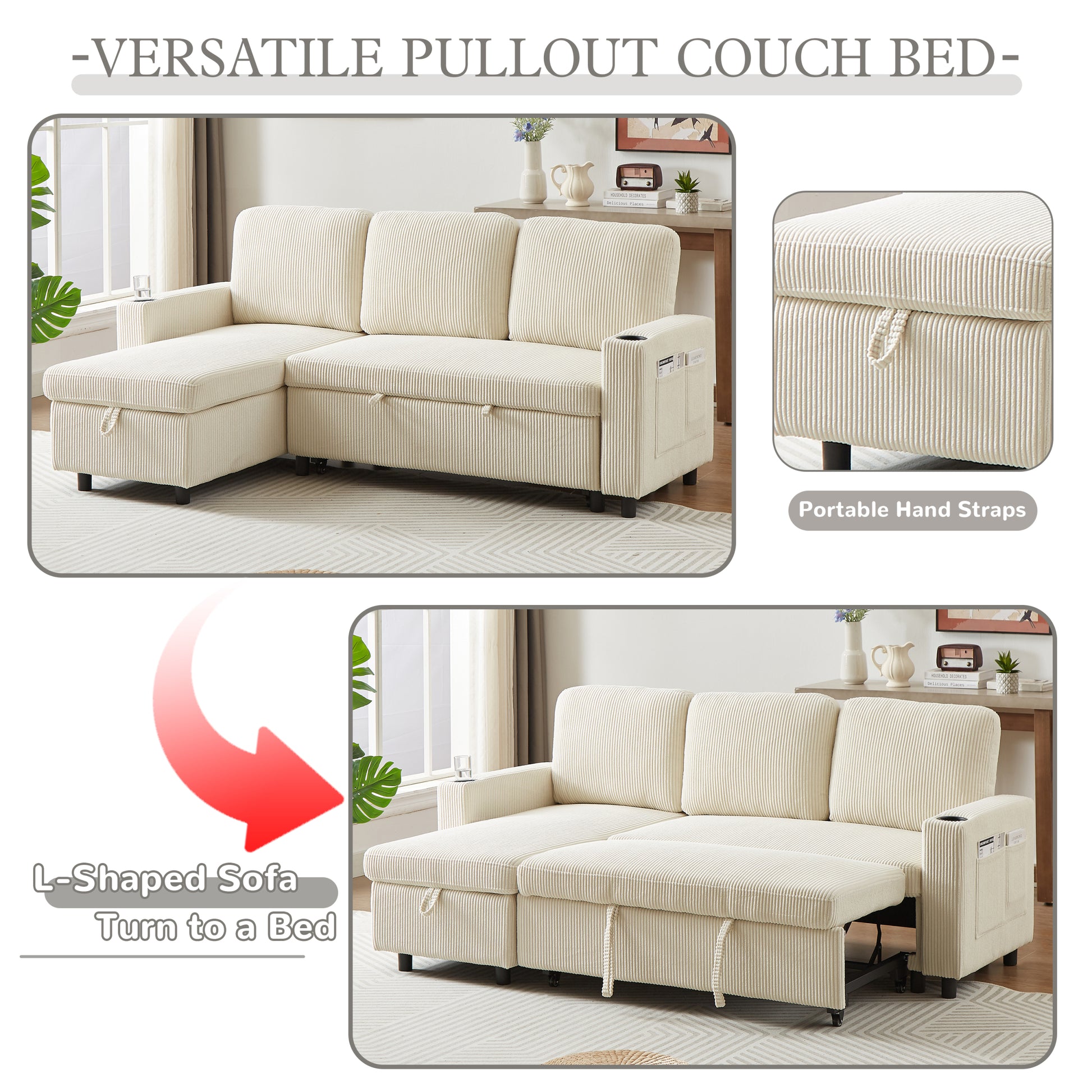 Fx78.7" Comfortable Corduroy L Shaped Combo Sofa Bed, Living Room Furniture Set For Tight Spaces, Reversible Sleeper Combo Sofa With Pullout Bed, Reversible Sofa Bed For Living Room, W1926S00009 Beige Linen Wood Primary Living Space Foam Corduroy 3 Seat