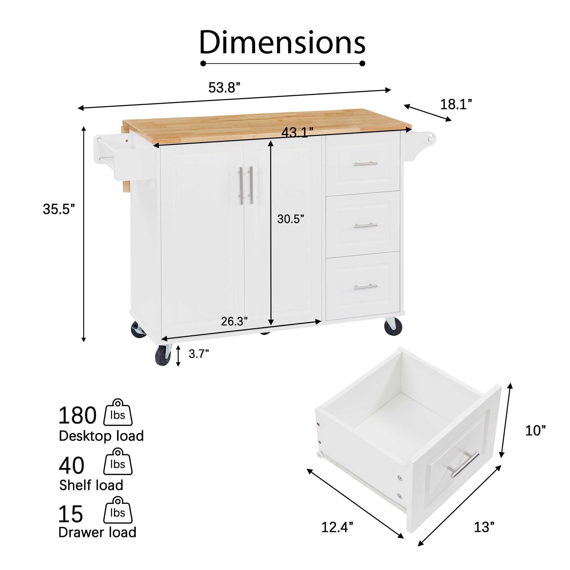 Kitchen Island With Drop Leaf Countertop, Rolling Kitchen Island Cartbarn Door Kitchen Island Table With Storage Cabinet And Tower Rack, Island Table On Wheels For Kitchen, White White White Rectangular Kitchen Carts Particle Board Medium 40 55In