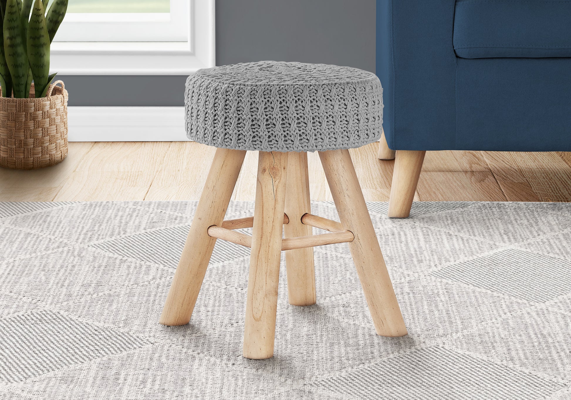 Ottoman, Pouf, Footrest, Foot Stool, 12" Round, Grey Velvet, Natural Wood Legs, Contemporary, Modern Grey Foam Polyester