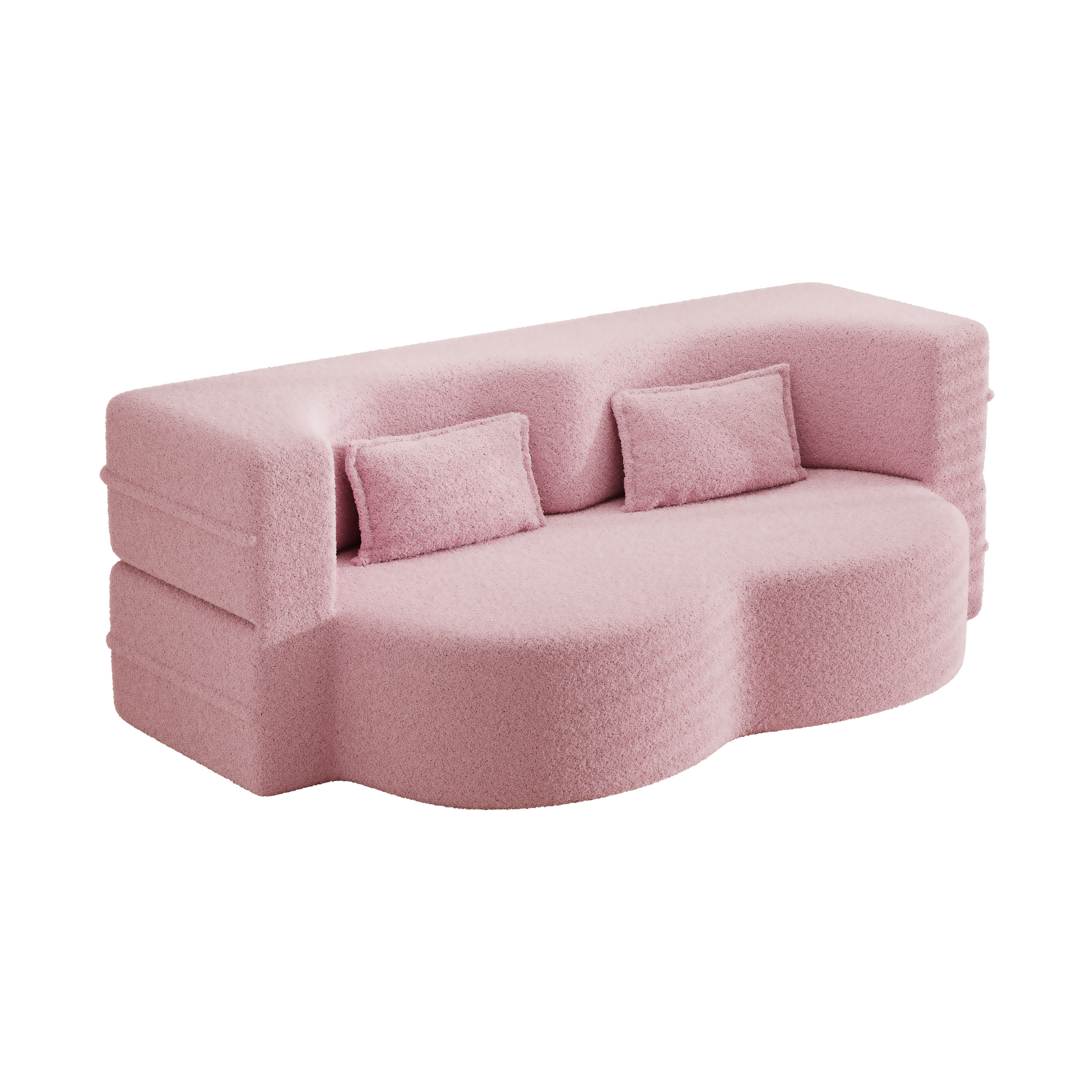 Modern Floor Sofa With 2 Pillows,Convertible Teddy Fabric Foam Filled Sleeper Sofa Bed,15" Full Size Folding Mattress For Living Room, Guest Bed, Playroom,No Assembly Required,Pink Pink Foam Spring 2 Seat