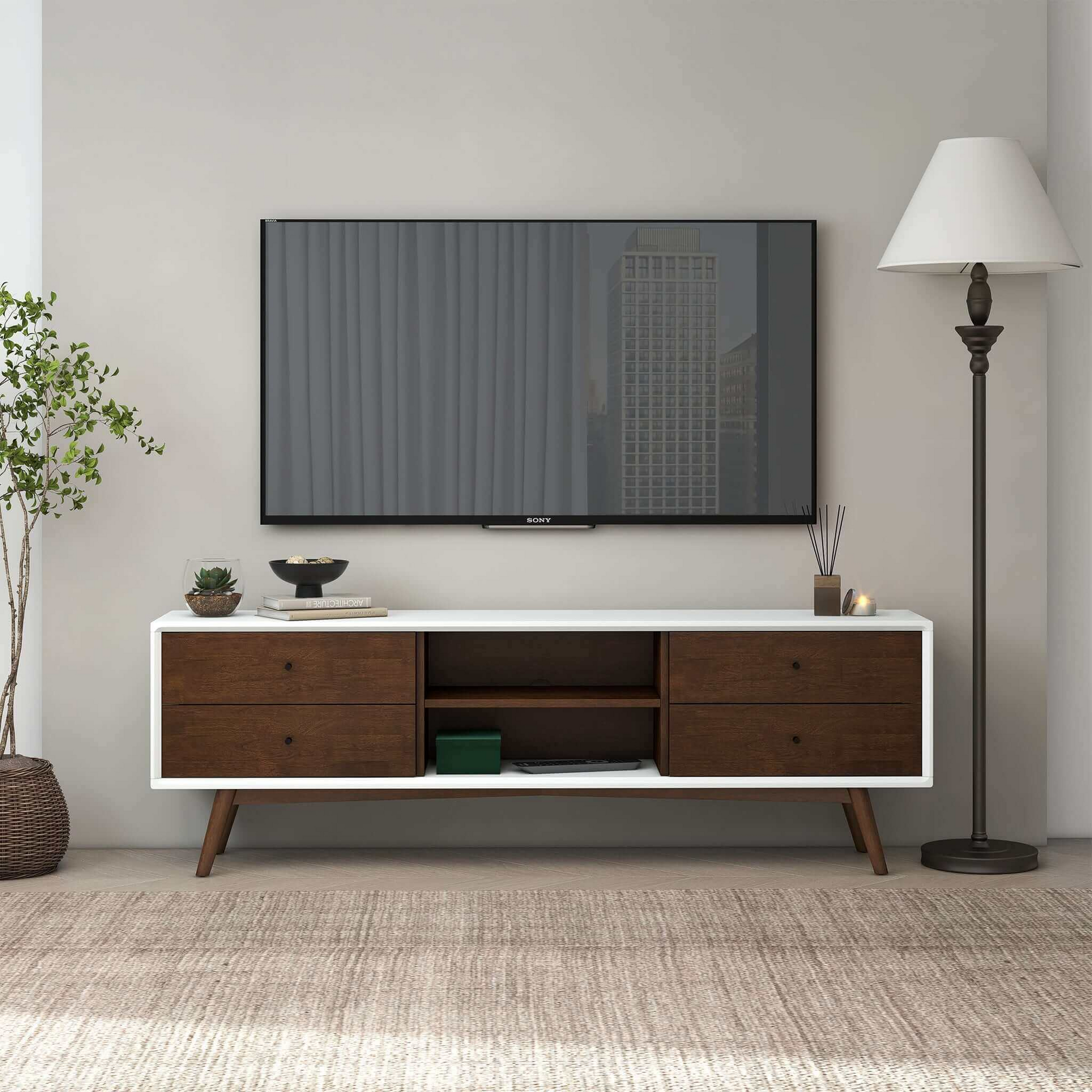 Caroline Walnut White Tv Stand Up To 72" Brown,White Brown 70 79 Inches 70 79 Inches Solid Wood