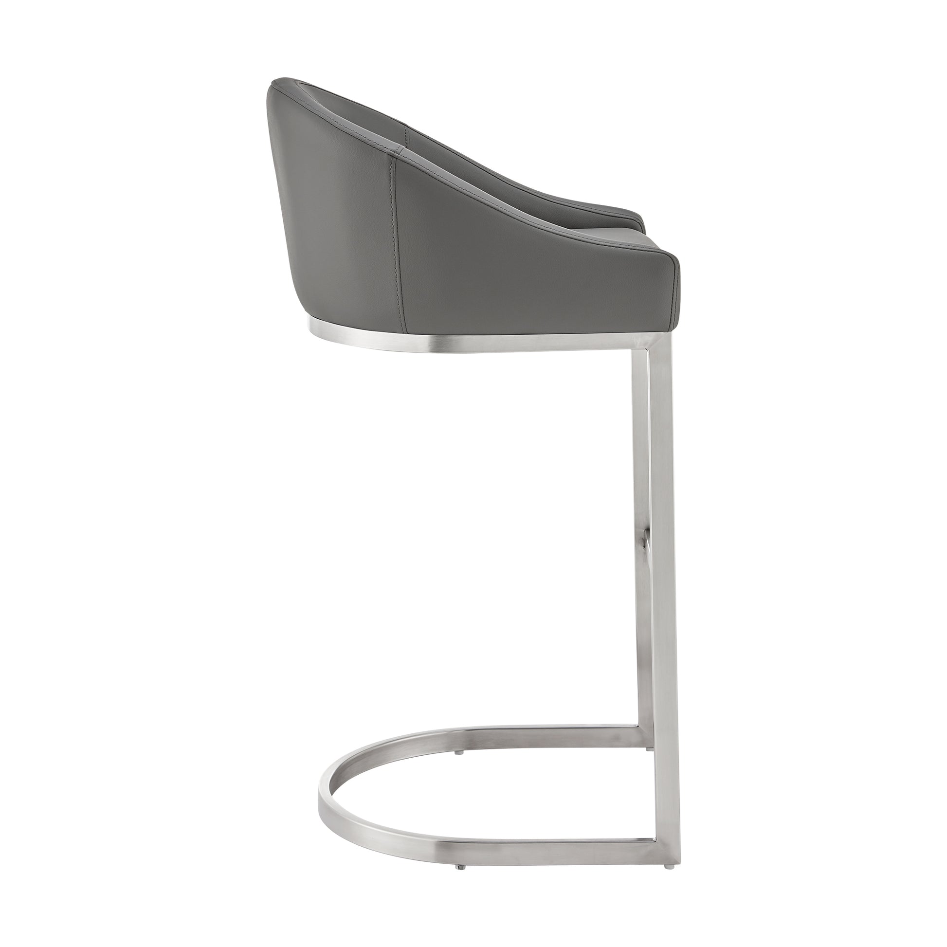 Lina 28 Inch Bar Stool Chair, Metal Cantilever Base, Gray Faux Leather Gray Fabric Metal