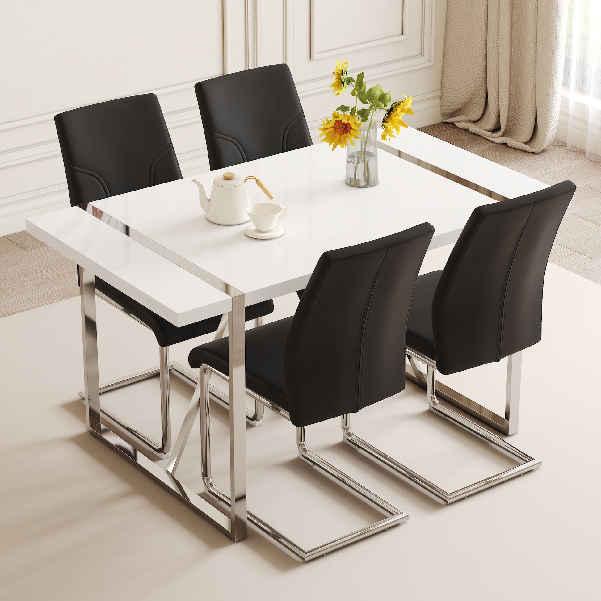 Table And Chair Set.55"X31.5" White Mdf Painting Dining Table Set With 4 Black Pu Chairs.Showcasing A Modern And Stylish Look.Suitable For Dining Room.Mdf Painting,Iron Pipe Plating,Pu Chiairs.