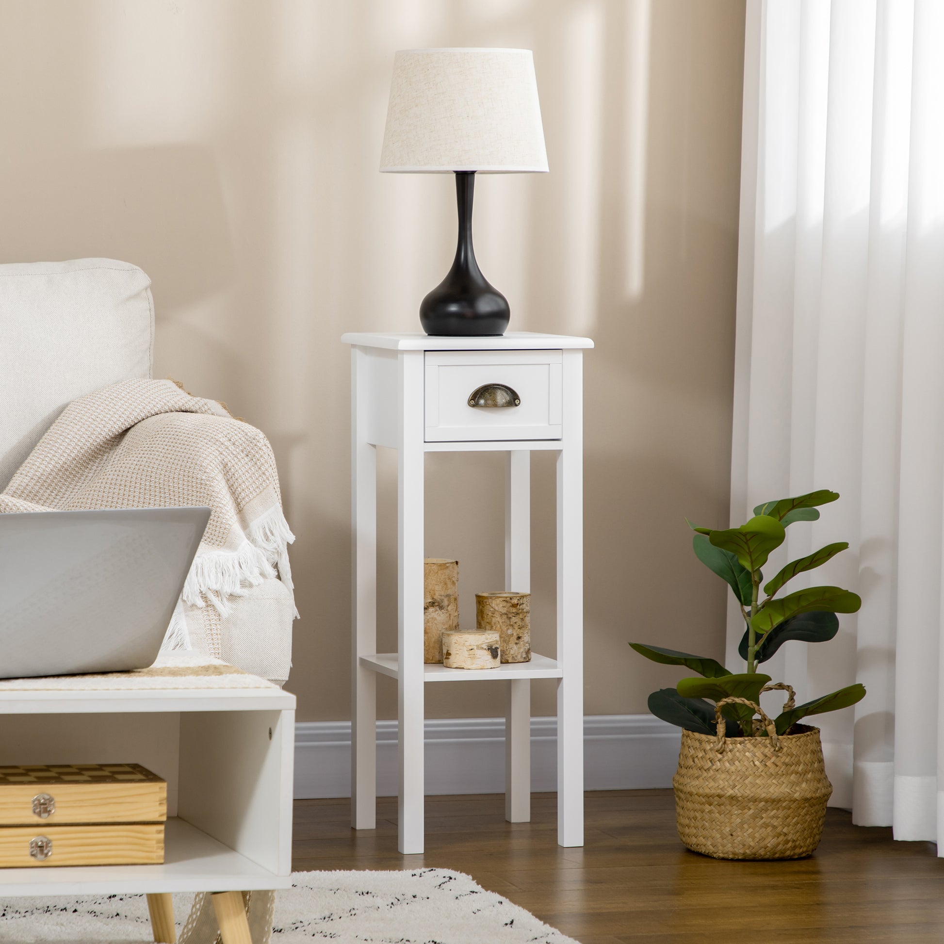 Homcom 2 Tier Side Table With Drawer, Narrow End Table With Bottom Shelf, For Living Room Or Bedroom, White White Mdf