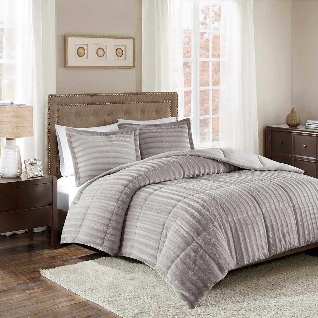 Faux Fur Comforter Mini Set King Grey Polyester