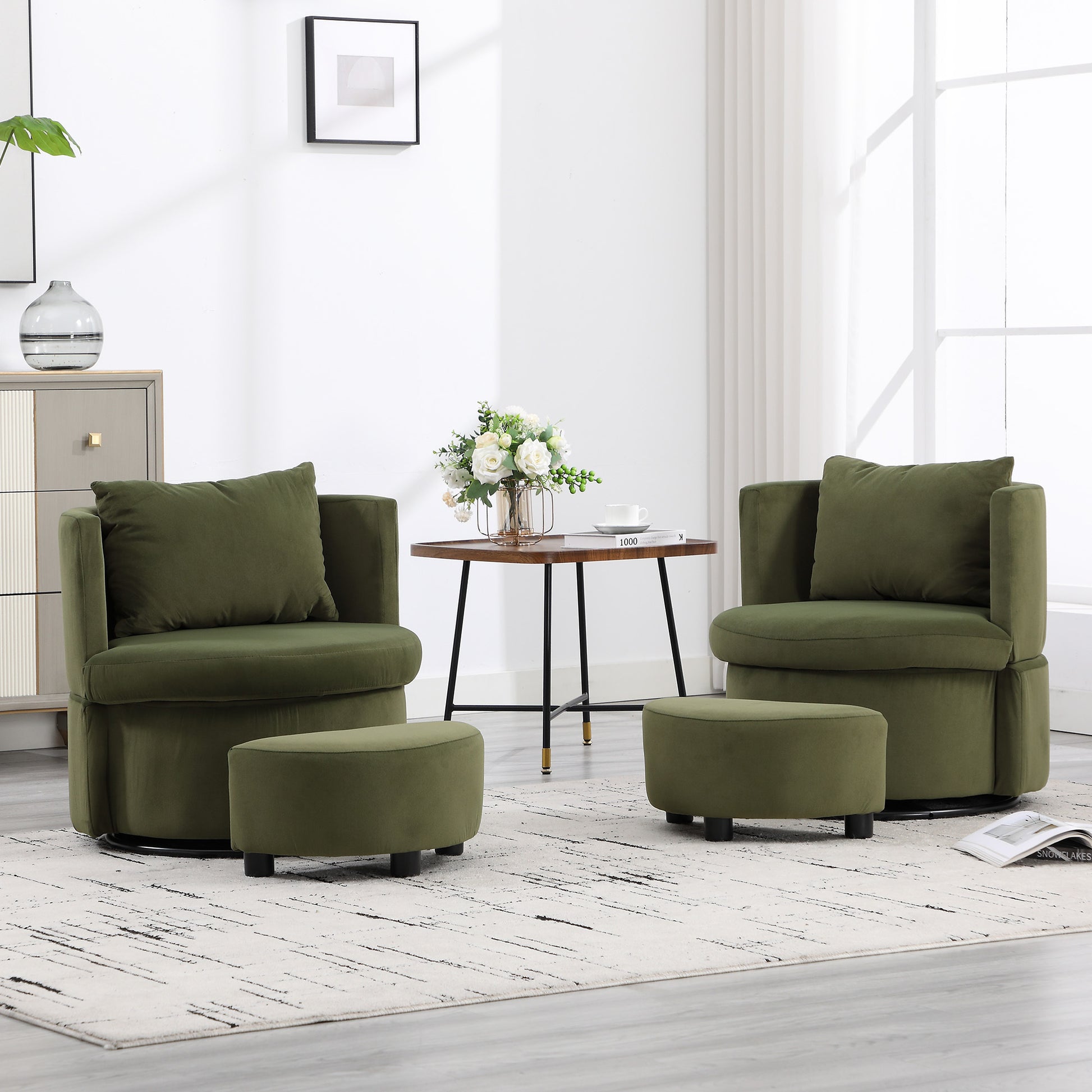 Upholstered Barrel Accent Chair With Ottoman, Living Room Side Chair With Storage, Single Sofa Armchair Olive Primary Living Space Foam Wood