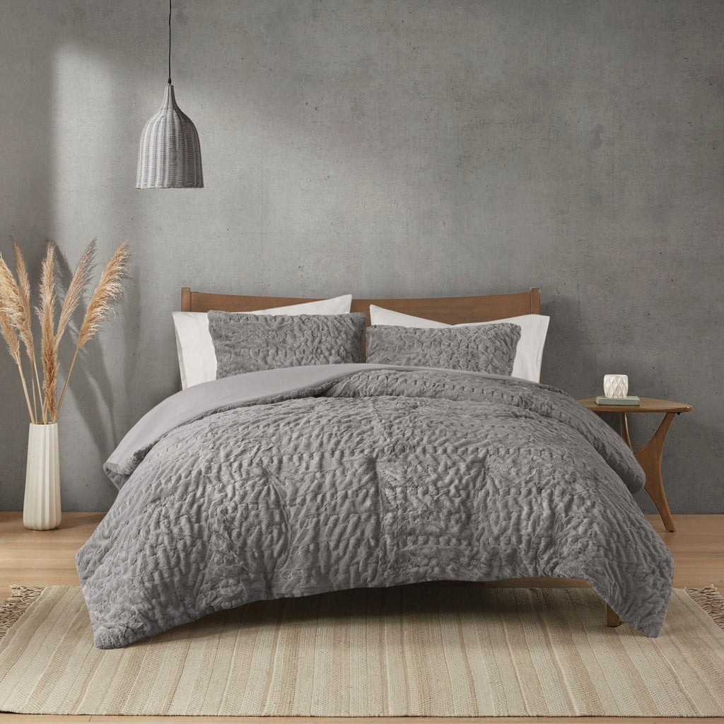 Ruched Fur Down Alternative Comforter Set Queen Grey Polyester