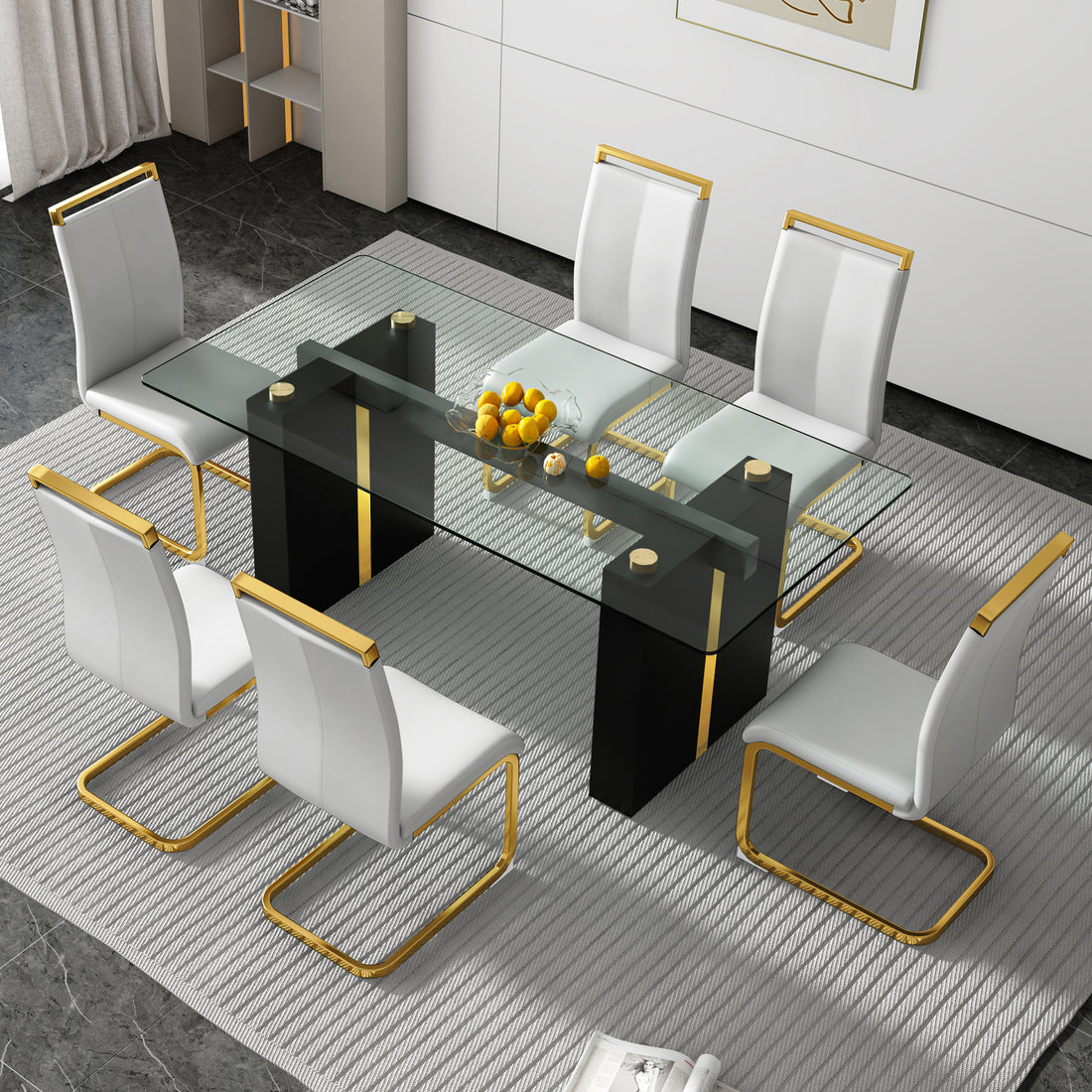 Table And Chair Set, Large Modern Minimalist Rectangular Glass Table, Can Accommodate 6 8 People, Equipped With Tempered Glass Tabletop And Large Mdf Table Legs, Comfortable And Minimalist Chairs. Transparent Mdf Glass