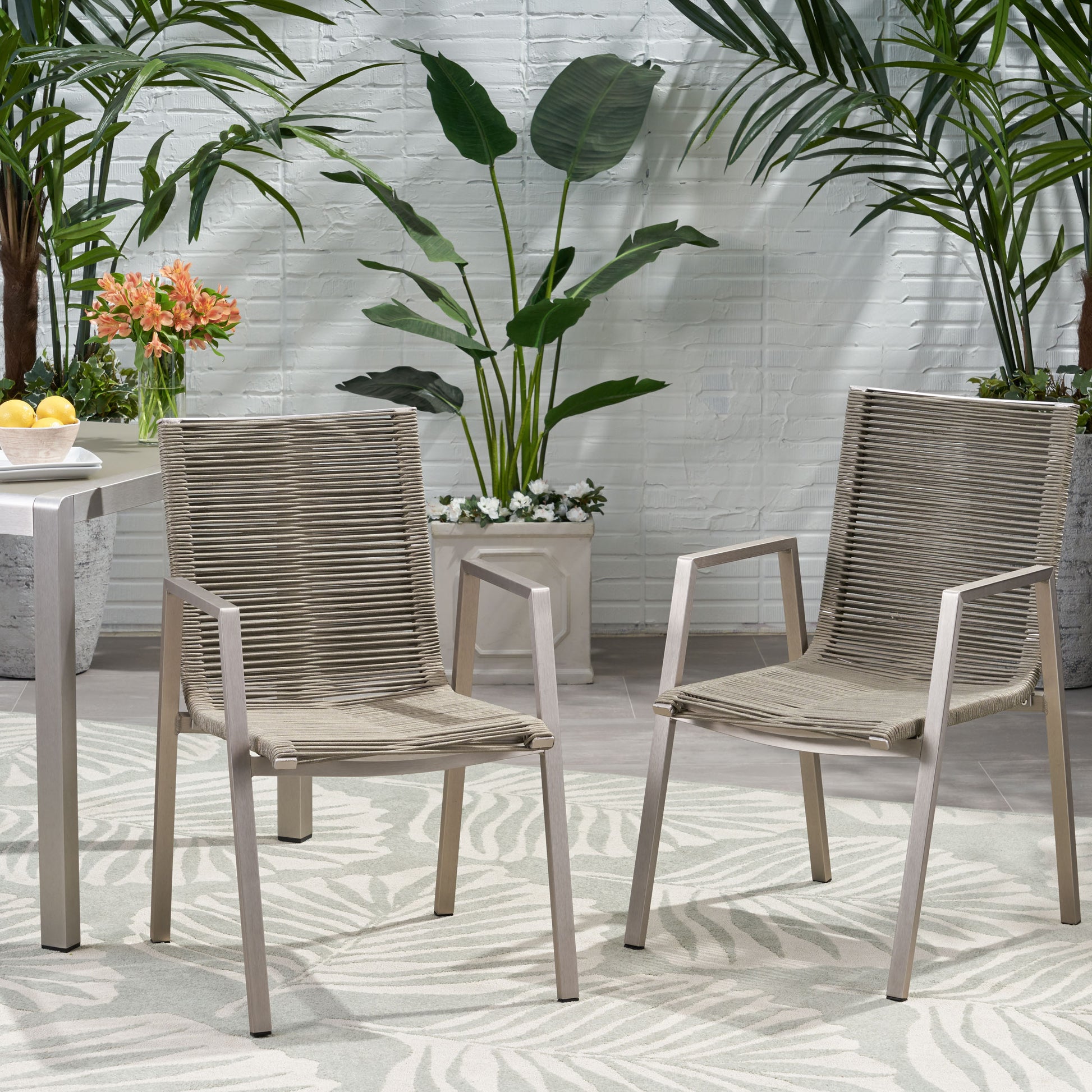 Outdoor Modern Aluminum Dining Chair With Rope Seat Set Of 2 , Silver And Taupe Taupe Aluminium