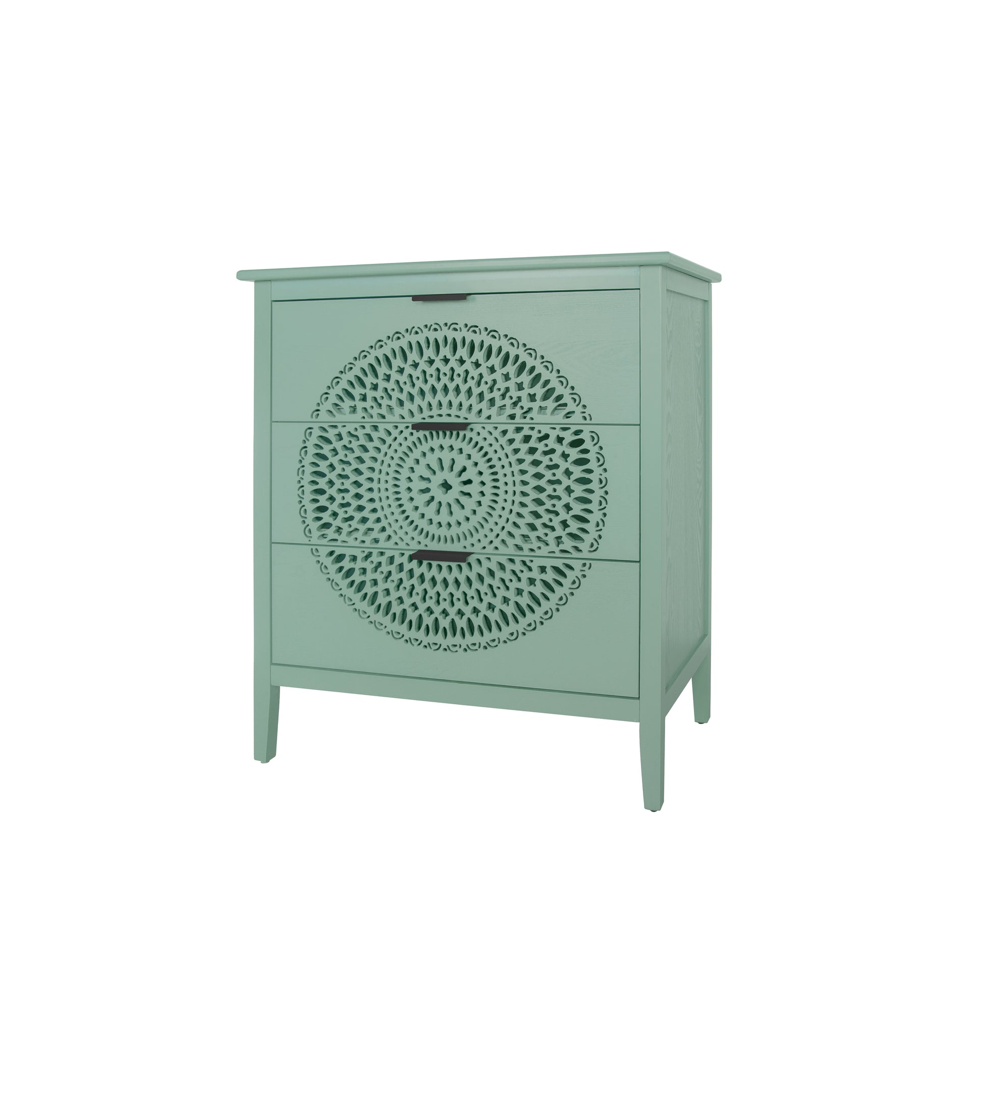 3 Drawer Cabinet With Hollow Carved 3 Drawer Dresser Storage Chest With Metal Handles For Entryway Living Room Bedroom Light Green American Design Mdf