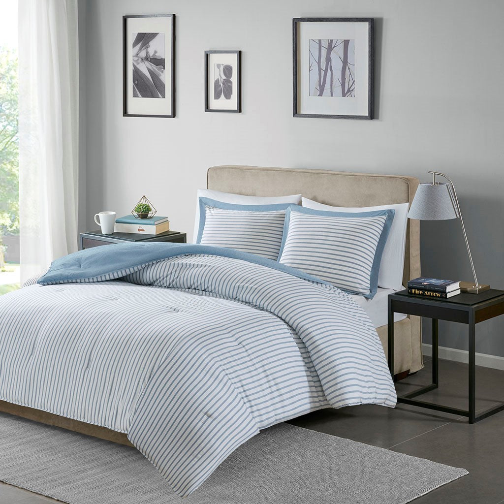 Reversible Yarn Dyed Stripe Down Alternative Comforter Set King White Blue Microfiber