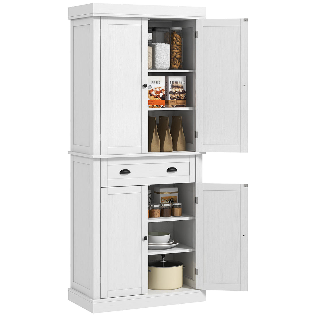 Homcom 72.5" Kitchen Pantry Cabinet, Traditional Freestanding Storage Cabinet With 4 Doors, Drawer And 3 Adjustable Shelves For Dining Room, White Wood Grain White Particle Board