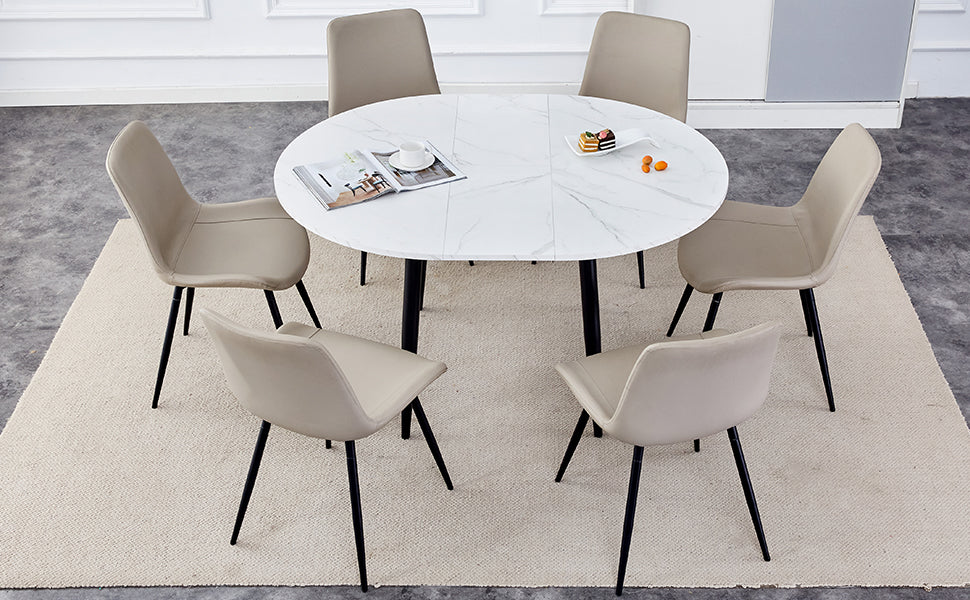 Table And Chair Set.Modern Extendable Mdf Dining Table.The Table Has A Telescopic Design, Suitable For Gatherings Of Different Size.Paired With 6 Chairs With Pu Cushions And Black Metal Legs. White Black Seats 6 Mdf Metal