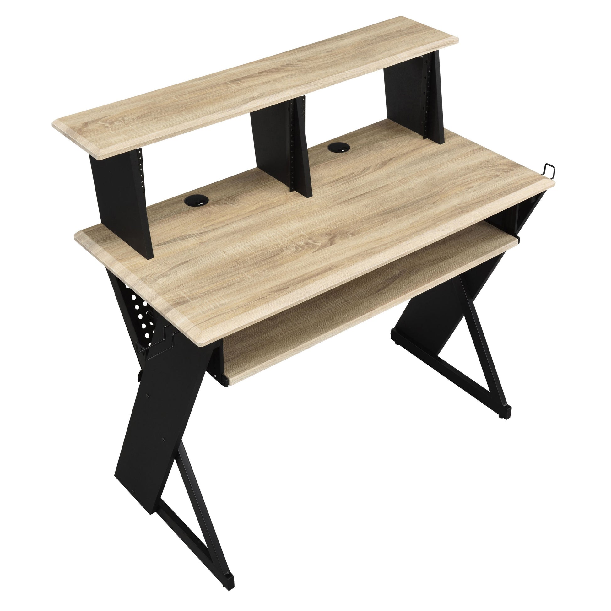 Natural And Black Music Desk With Cord Managements Natural Black Computer Desk Office Rectangular Shelves Desk Wood Metal Sled