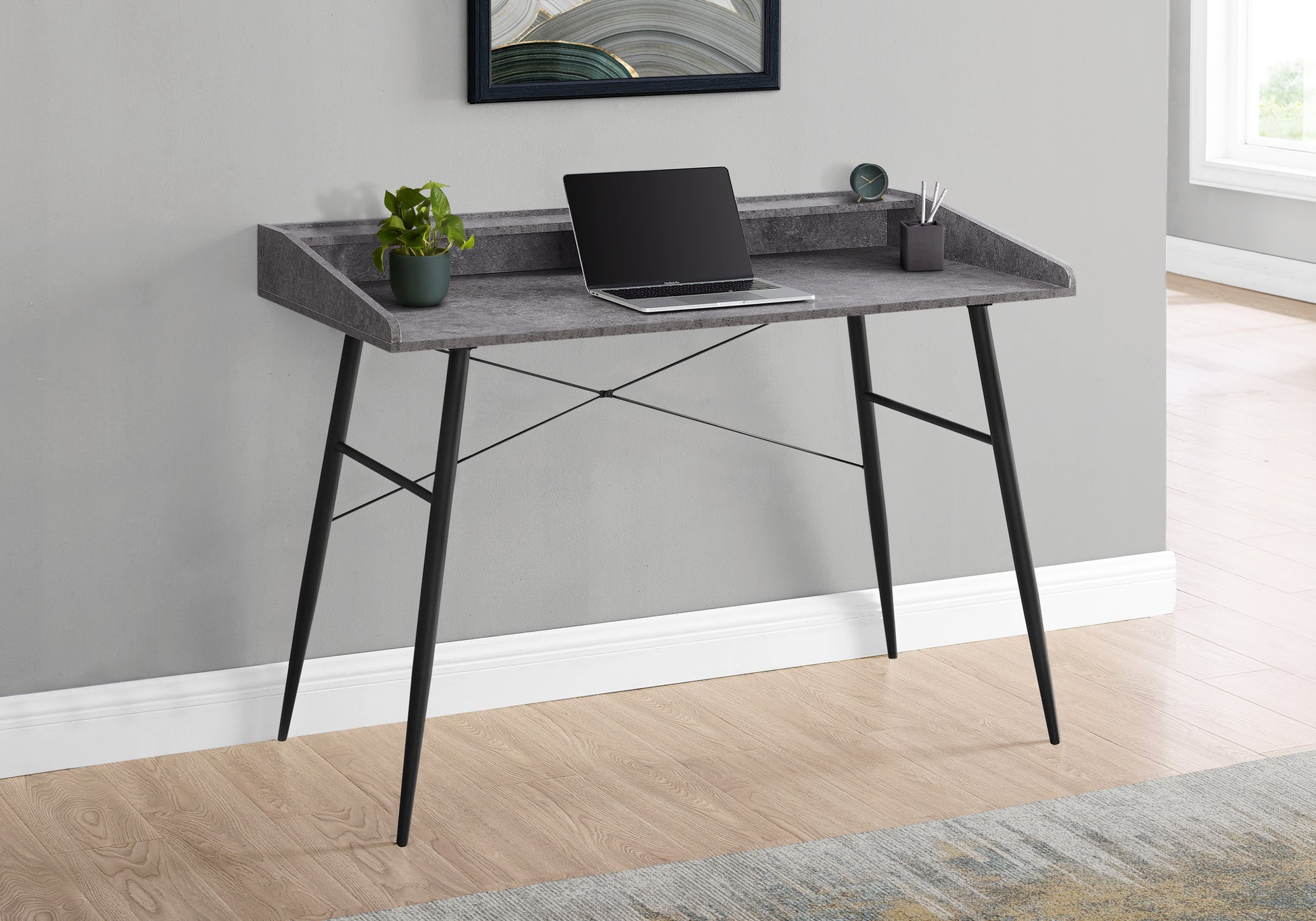 Computer Desk, Home Office, Laptop, Storage Shelves, 48"L, Work, Grey Stone Look Laminate, Black Metal, Contemporary, Modern Grey Particle Board