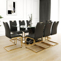Modern Style Glass Dining Table, Elegant Transparent Design, Solid Support Base, Black Dining Chair Set, Gold Plated Chair Legs, Suitable For Restaurant Kitchen Use Set Of 9 Metal Glass Black Gold Mdf Metal