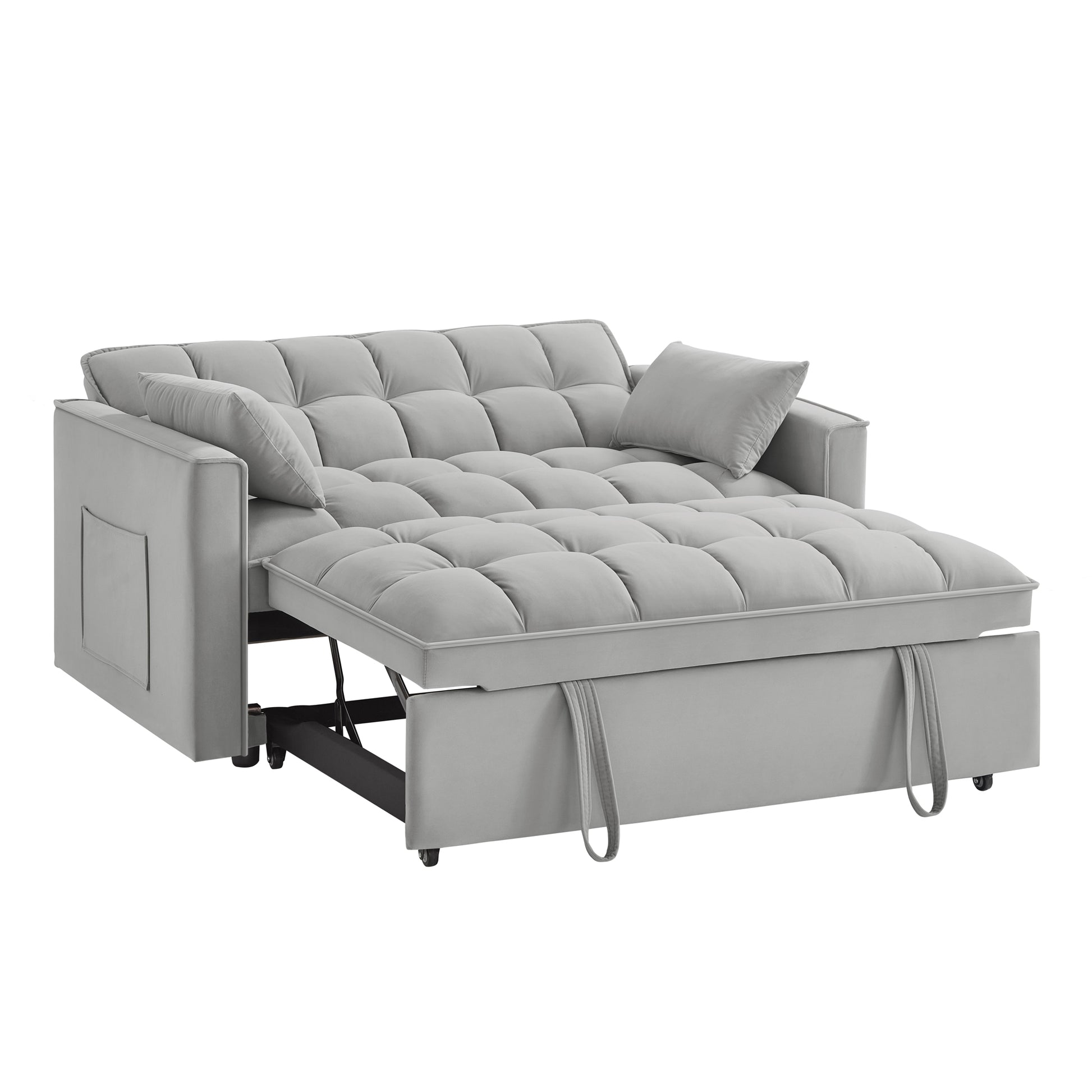 4 In1 Loveseat Sofa Bed With Armrests & Storage Pockets, Multi Function Tufted Pull Out Sofa Bed With Adjustable Backrest And Pillows, Convertible Loveseat Sofa Couch, Gray Gray Velvet Primary Living Space Medium Soft Tufted Back American