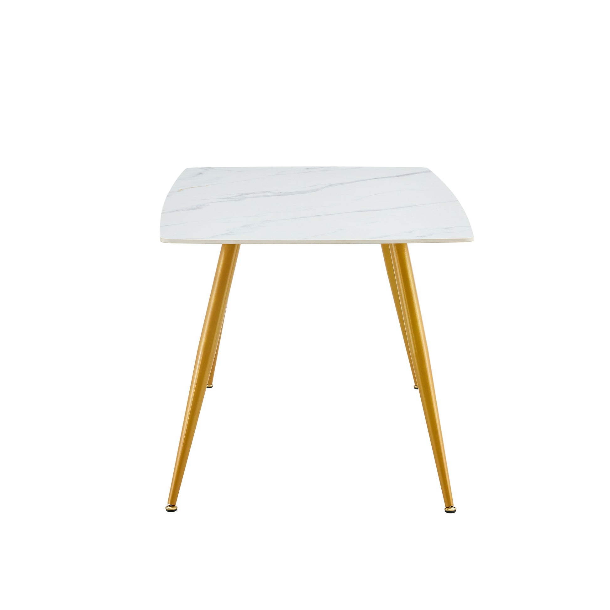 Modern Minimalist Dining Table. White Imitation Marble Pattern Sintered Stone Desktop With Golden Metal Legs.62"*34.6"*29.9" F 001 Gold Sintered Stone