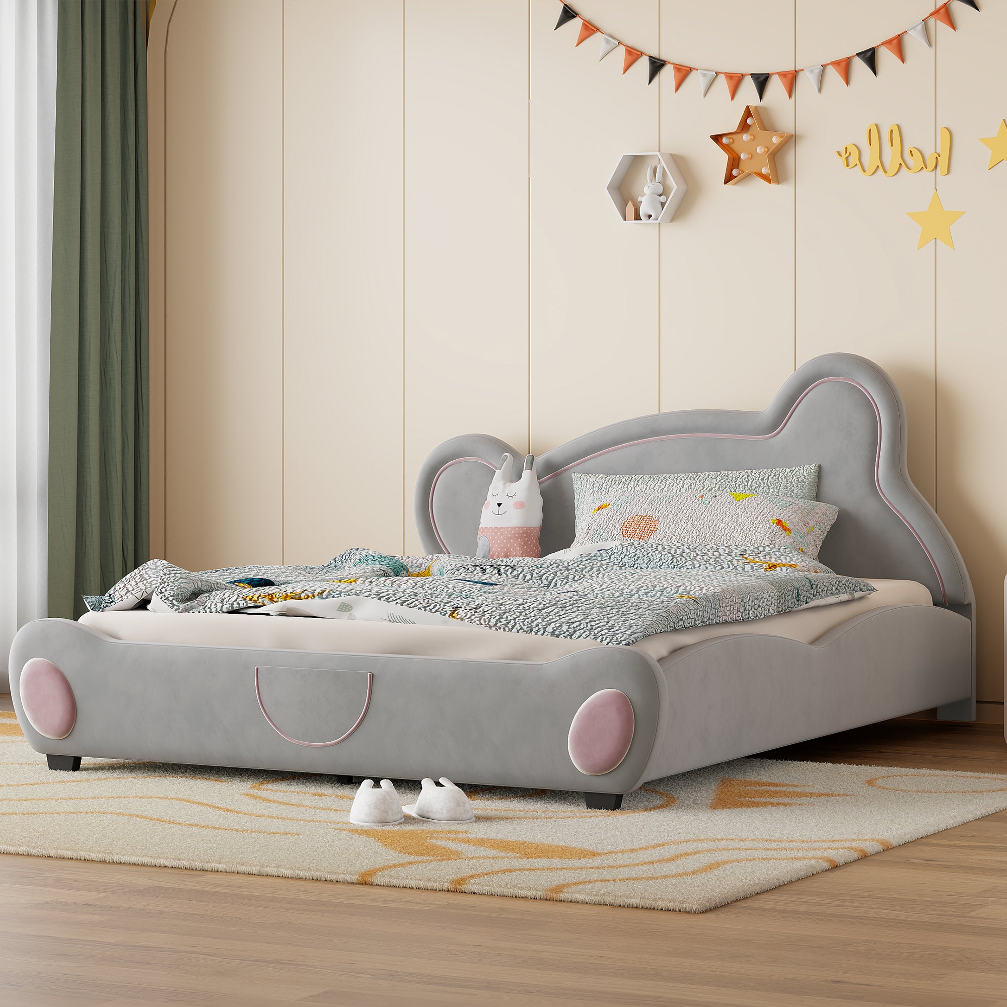 Queen Size Velvet Platform Bed With Bear Shaped Headboard, With Bed End Storage Pocket, Gray Queen Gray Plywood