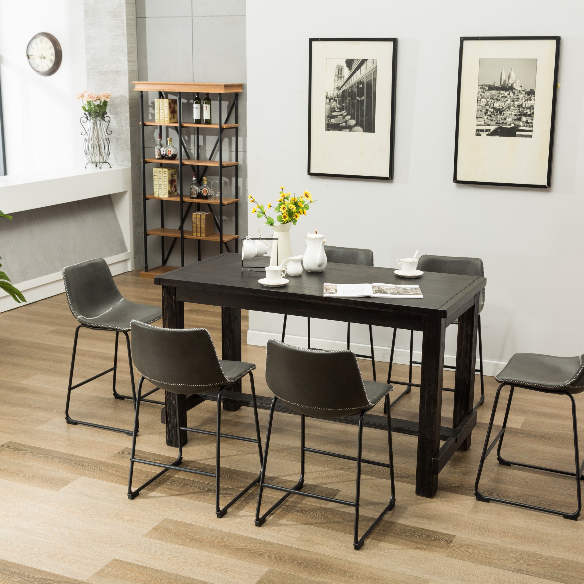 Bronco Antique Wood Finished Counter Height Dining Set: Table And Six Gray Chairs Espresso Wood Dining Room Fixed Table Rubberwood Rectangular Dining Table With Chair Upholstered Chair Wood Black Gray Seats 6 Antique,Contemporary 4 Leg Rubberwood Wood