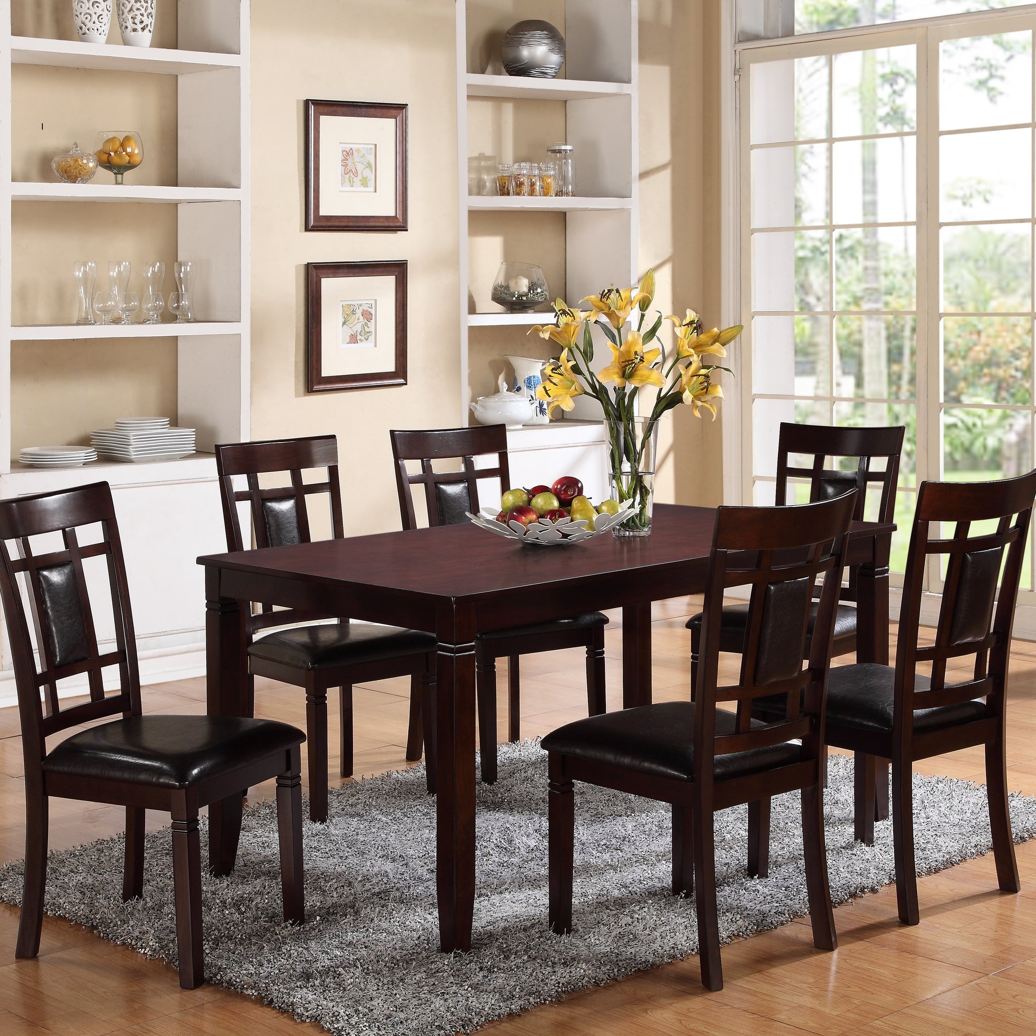 7 Pc Dinette Set Brown Espresso Finish Rectangular Table Faux Leather Upholstery Padded Lattice Design Side Chairs Dining Room Wooden Dining Set Furniture Contemporary Transitional Style Wood Wood Brown Seats 6 Wood Dining Room 60 Inches Fixed Table