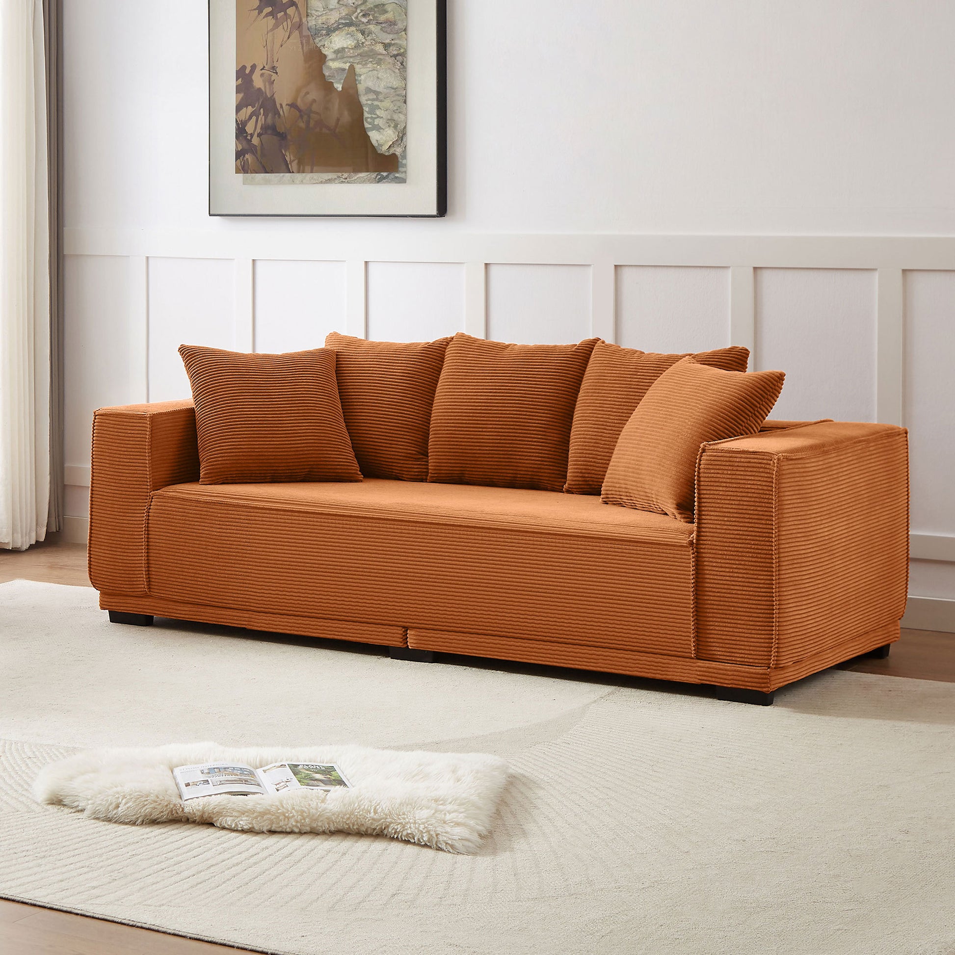 88.97'' Corduroy Sofa With 5 Matching Toss Pillows Modern Upholstered Sofa Including Bottom Frame For Bedroom, Apartment And Office.Orange Orange Corduroy 3 Seat