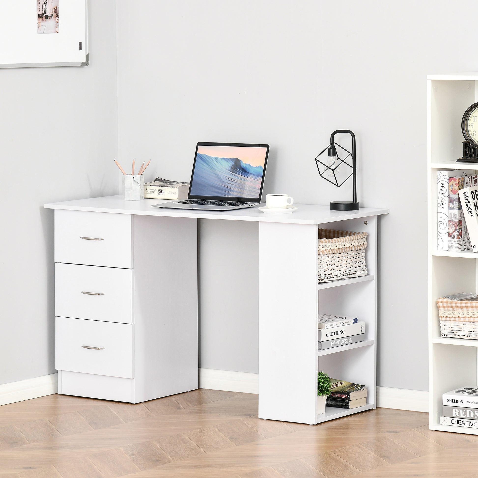 Homcom 47" Modern Home Office Computer Desk Bookcase Combo Writing Table Workstation With 3 Drawer And Storage Shelf White White Mdf