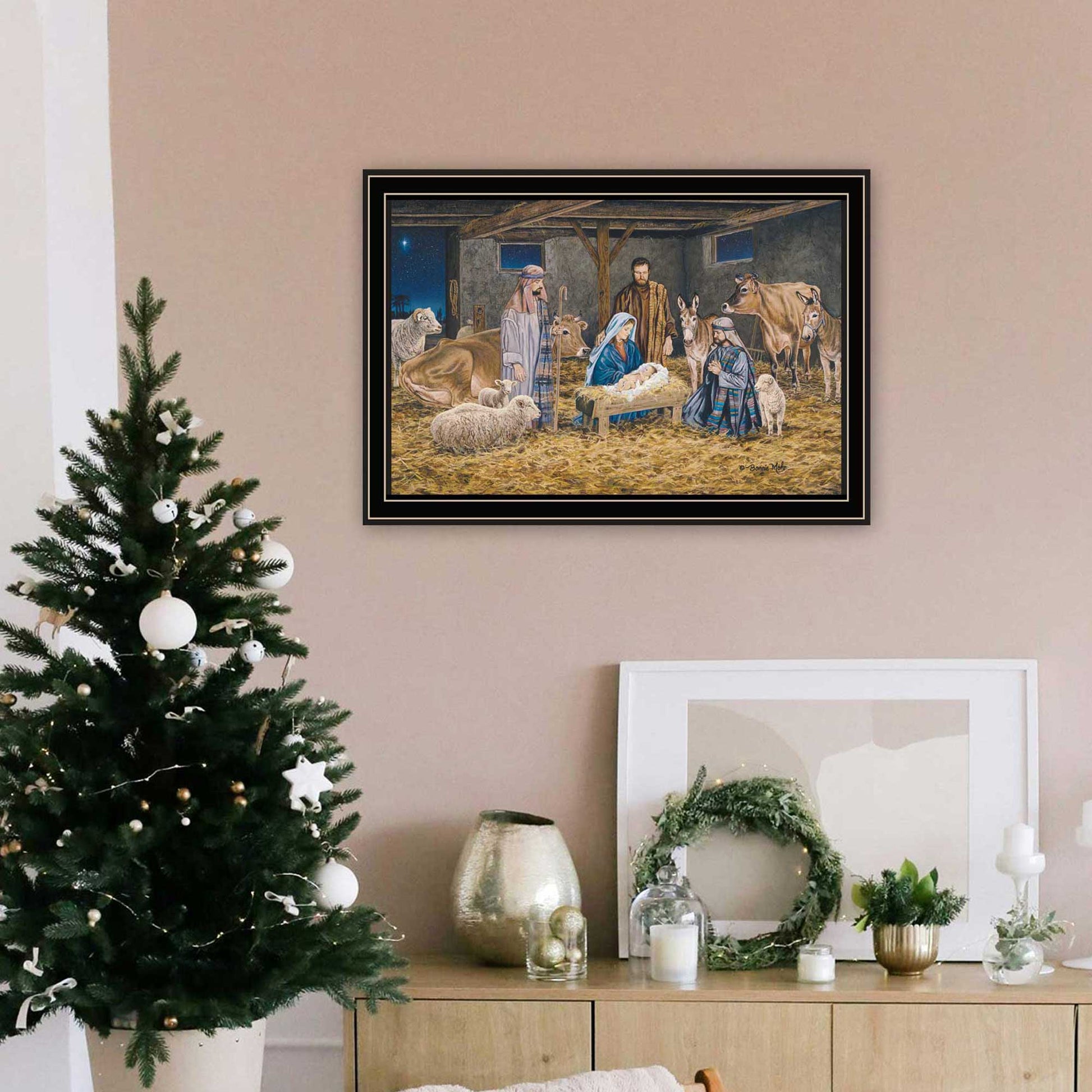 The Greatest Gift Of All The Birth Of Christ Black Framed Wall Art For Living Room, Nativity Wall Art Print For Home Decor, Bedroom Wall Art By Bonnie Mohr Multicolor Wood Paper