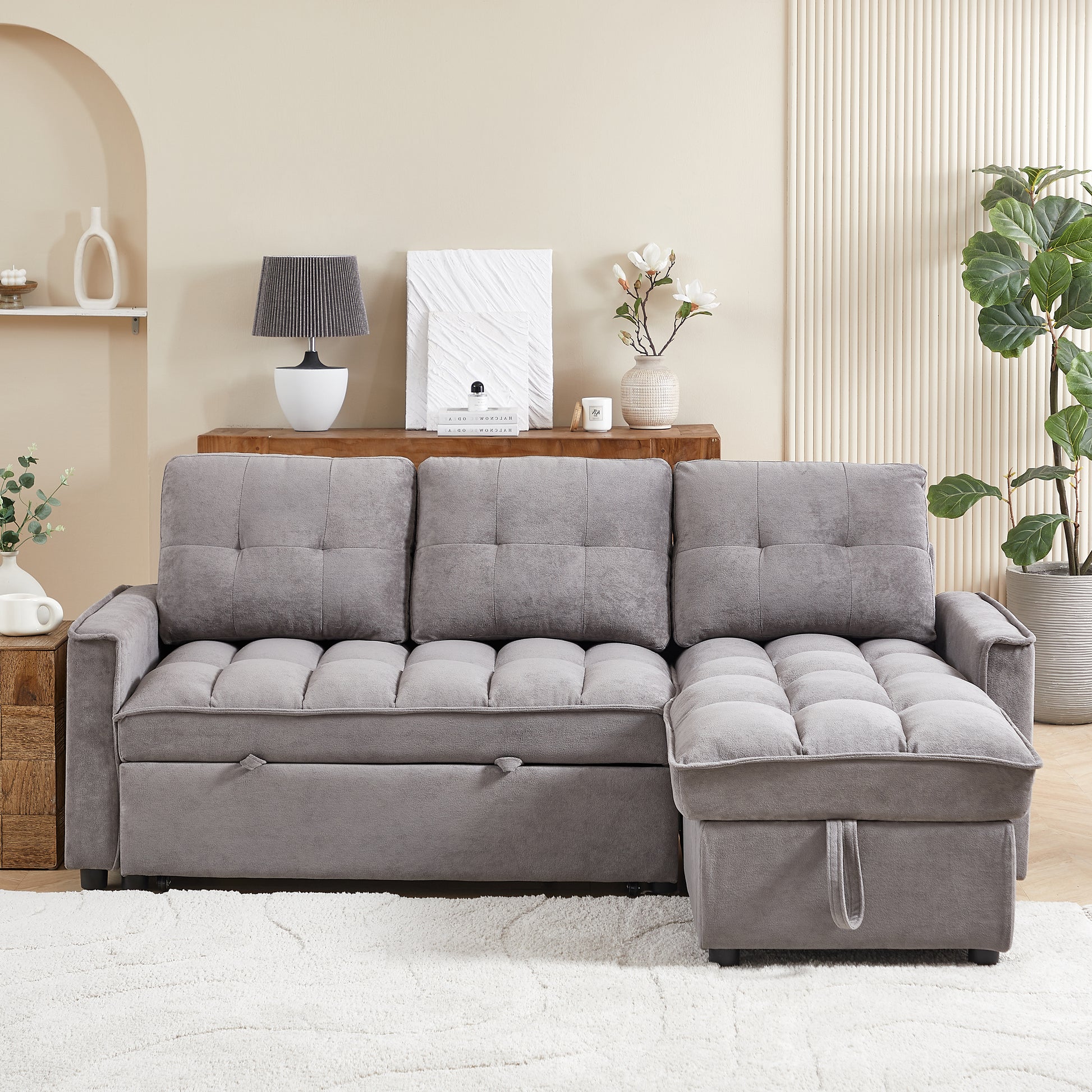 Mh 78.75" Reclining Sofa, Pull Out Sofa Bed With Usb And Tape C Charging Ports, L Shaped Sectional Sofa With Reclining Storage And Arm Side Organizer Pocket Features, Living Room Comfort Sofa Dark Grey Chenille Wood Primary Living Space Eucalyptus Foam