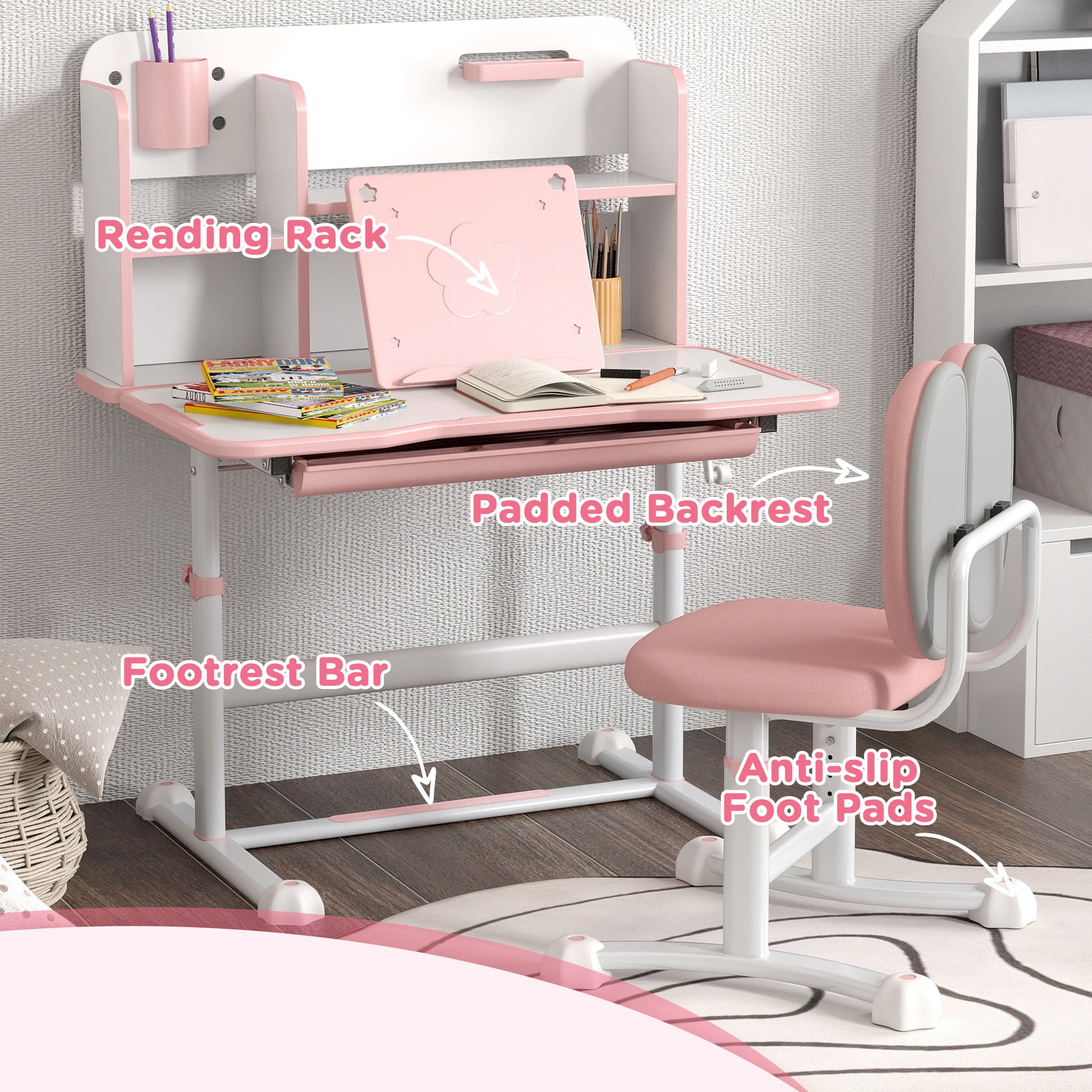 Qaba Kids Desk And Chair Set, Height Adjustable Kids School Study Desk And Chair Set With Tilt Desktop, Storage Drawer And Reading Rack For Writing, Reading And Drawing, Pink Pink Mdf