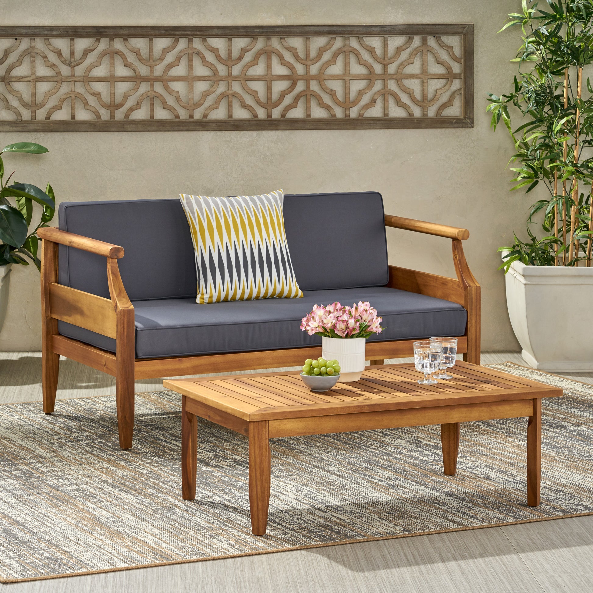 Aston Acacia Wood Outdoor Loveseat Set Loveseat&Coffee Table Teak Finish Dark Gray Cushion Teak Acacia Wood