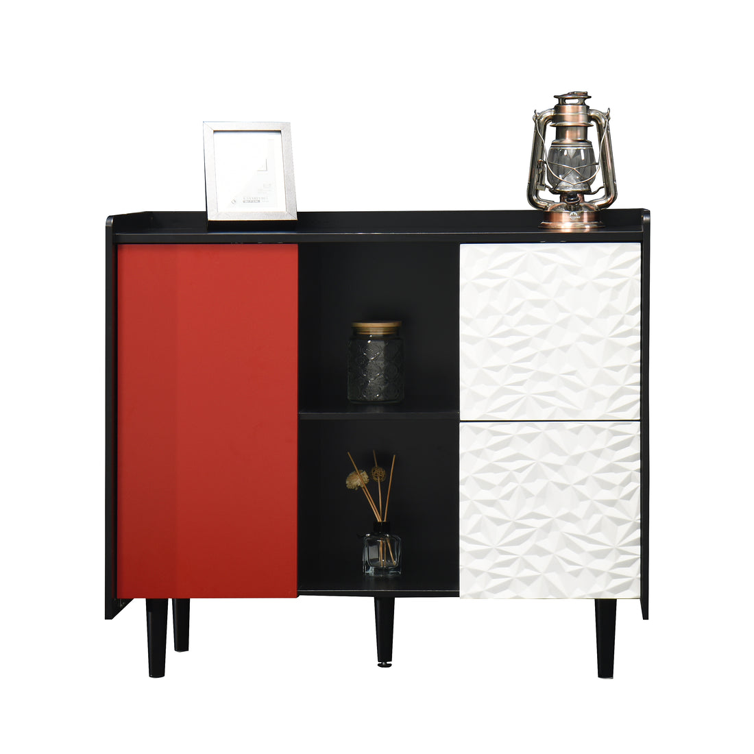 Sideboard Buffet Cabinet, Black Storage Cabinet With Red Doors2 Drawers With Unique Panel Styling And 2 Open Storage Compartment, Modern Coffee Bar Cabinet Accent Cabinet For Kitchen, Dining Room Black Red Mdf