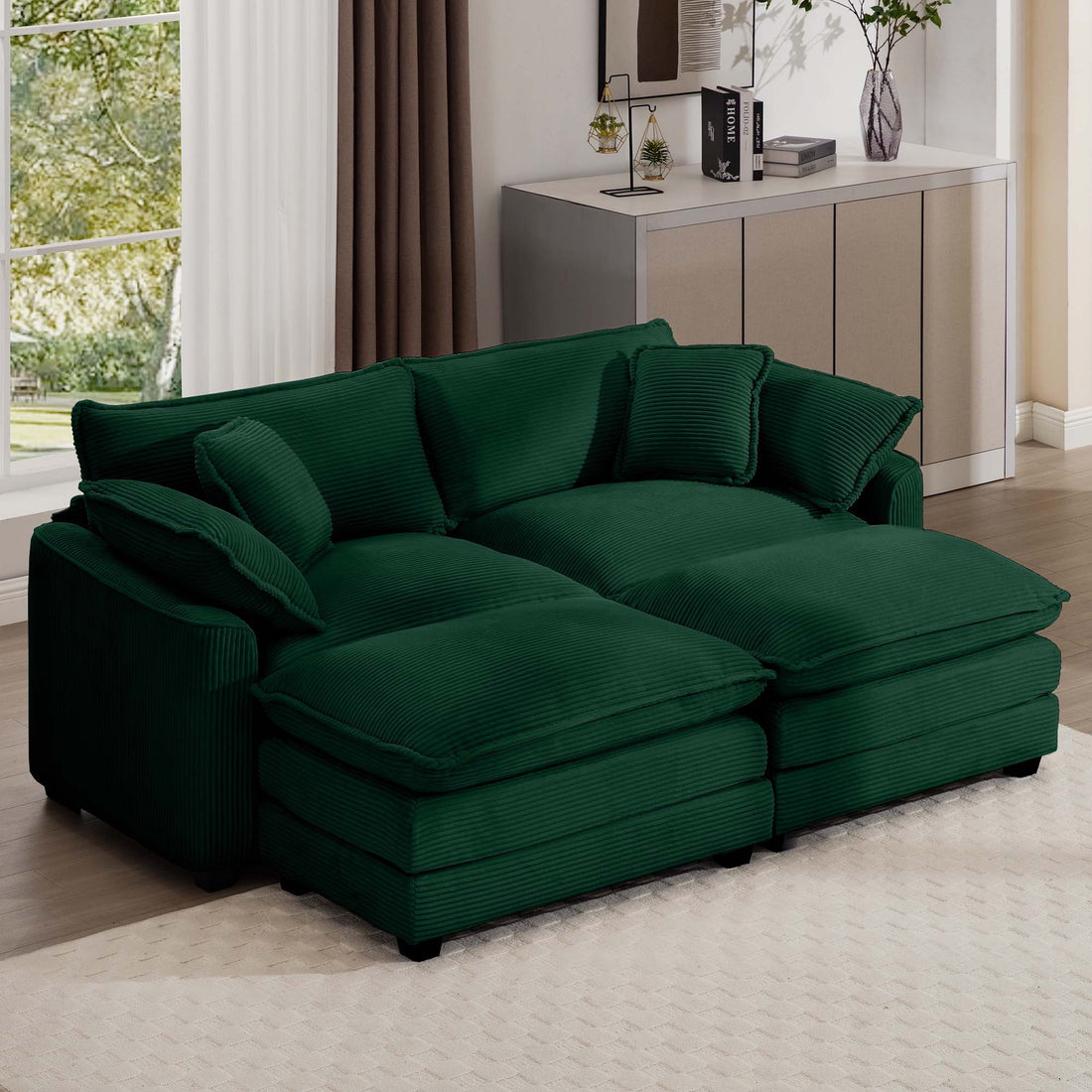 Corduroy Two Seater Sofa With 2 Footrest, 2 Seater Sofa With Ottoman For Small Living Spaces, Green Corduroy Sofa Green Corduroy 2 Seat